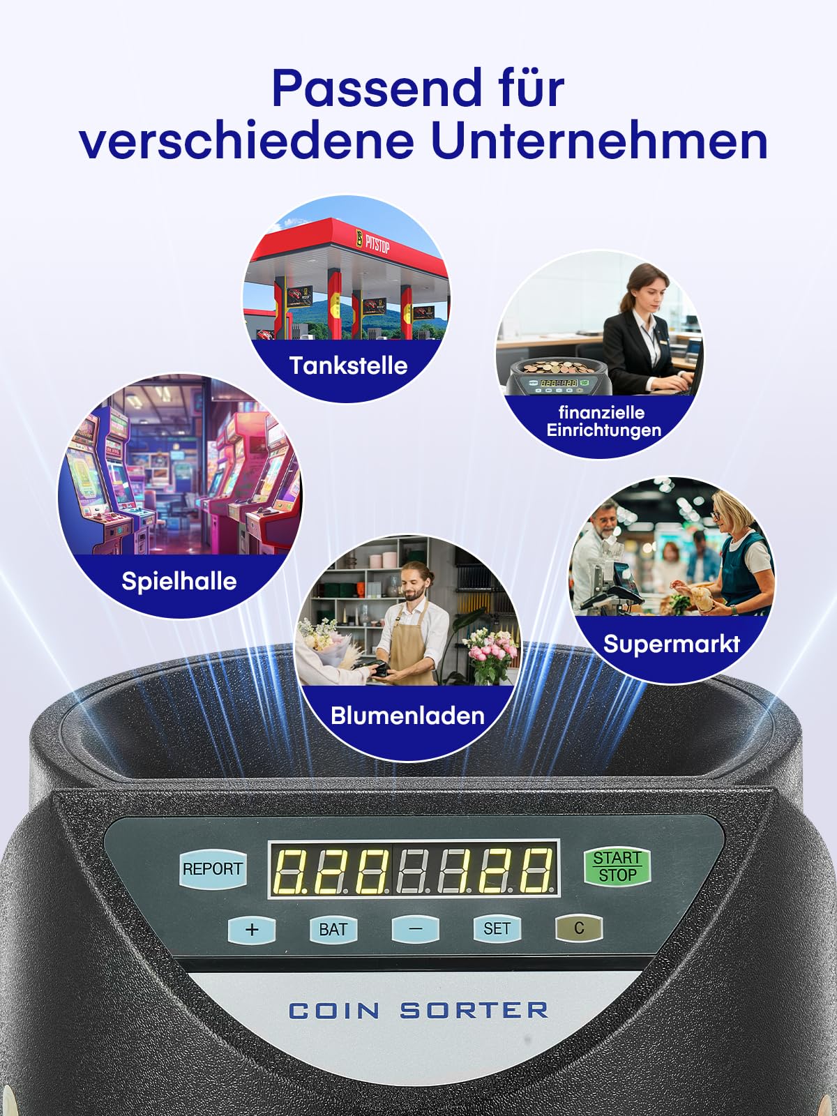 Münzzähler Euro Sortierer, Geldzählmaschine Münzen Sortierer 800 Münzen Kapazität, Münzen Zählmaschine mit 8 Auffangboxen, münzzählmaschine für Schulladenbank, schwarz, U-Bahnen