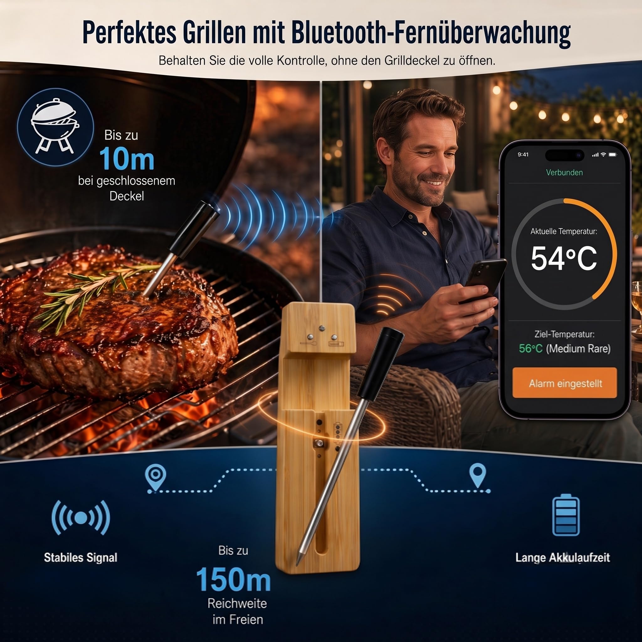 Bezprzewodowy termometr do mięsa ze sterowaniem za pomocą aplikacji, Bluetooth, bambusowy design, cyfrowy termometr do grilla (gotowy)