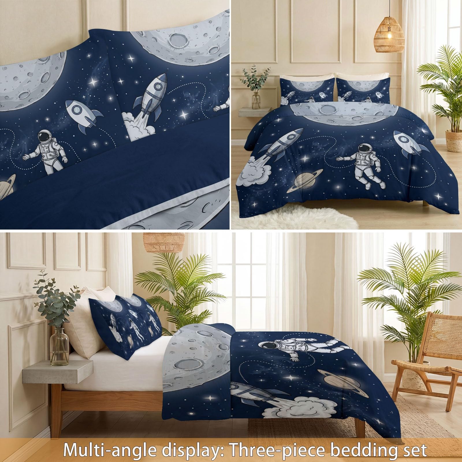 Dwustronna poszwa na kołdrę 135 x 200 cm, zestaw pościeli z ilustracją dla dzieci, na 4 pory roku, minimalistyczny kosmos, meteoryt, astronauta, nadaje się do prania, pościel z mikrofibry, dla
