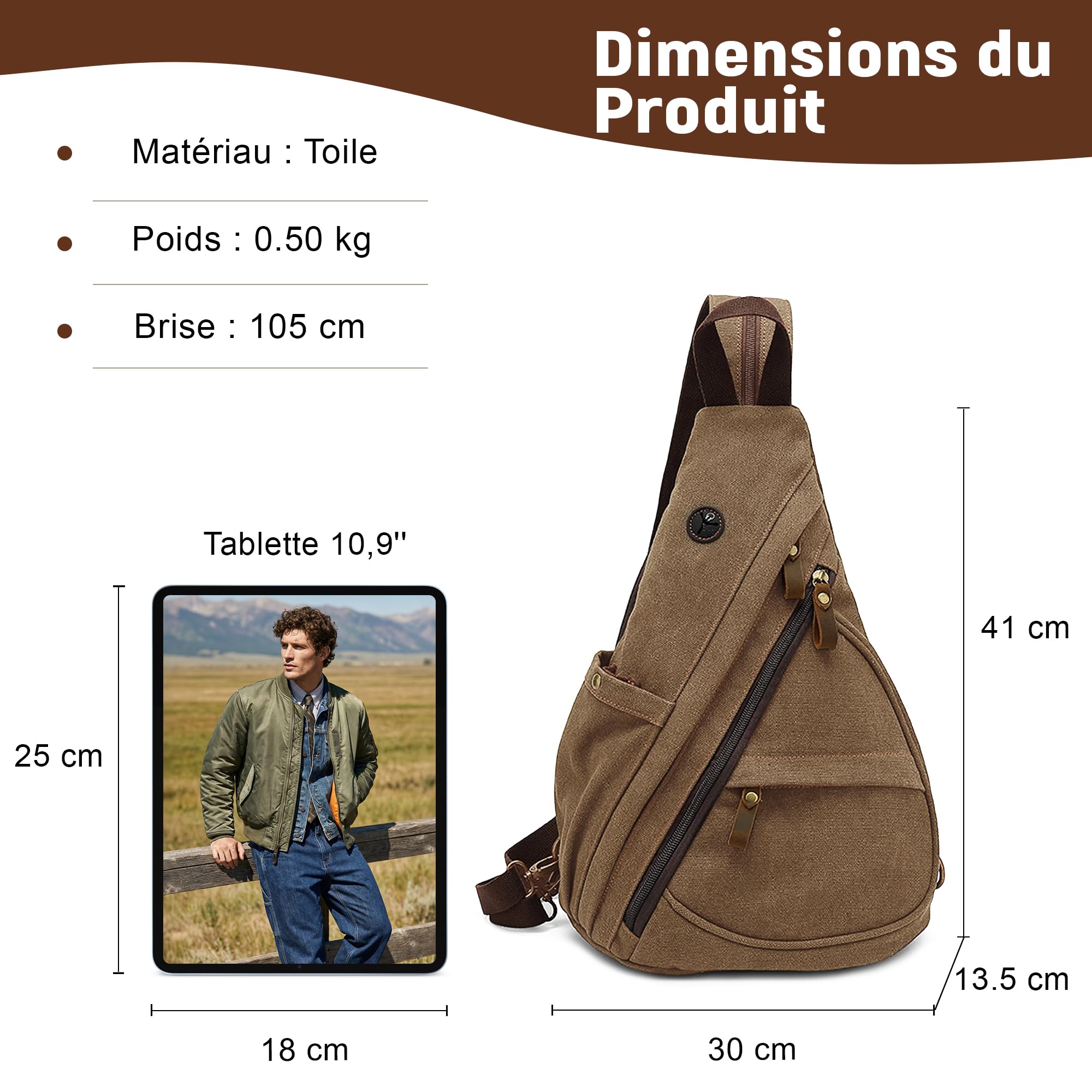 VARLIVOO Sling Bag Sacs à Bandoulière pour Hommes Sac de Poitrine Crossbody Bag Voyager Randonnée Alpinisme Camping Cyclisme L'école Toile Sling Sac à Dos Marron B