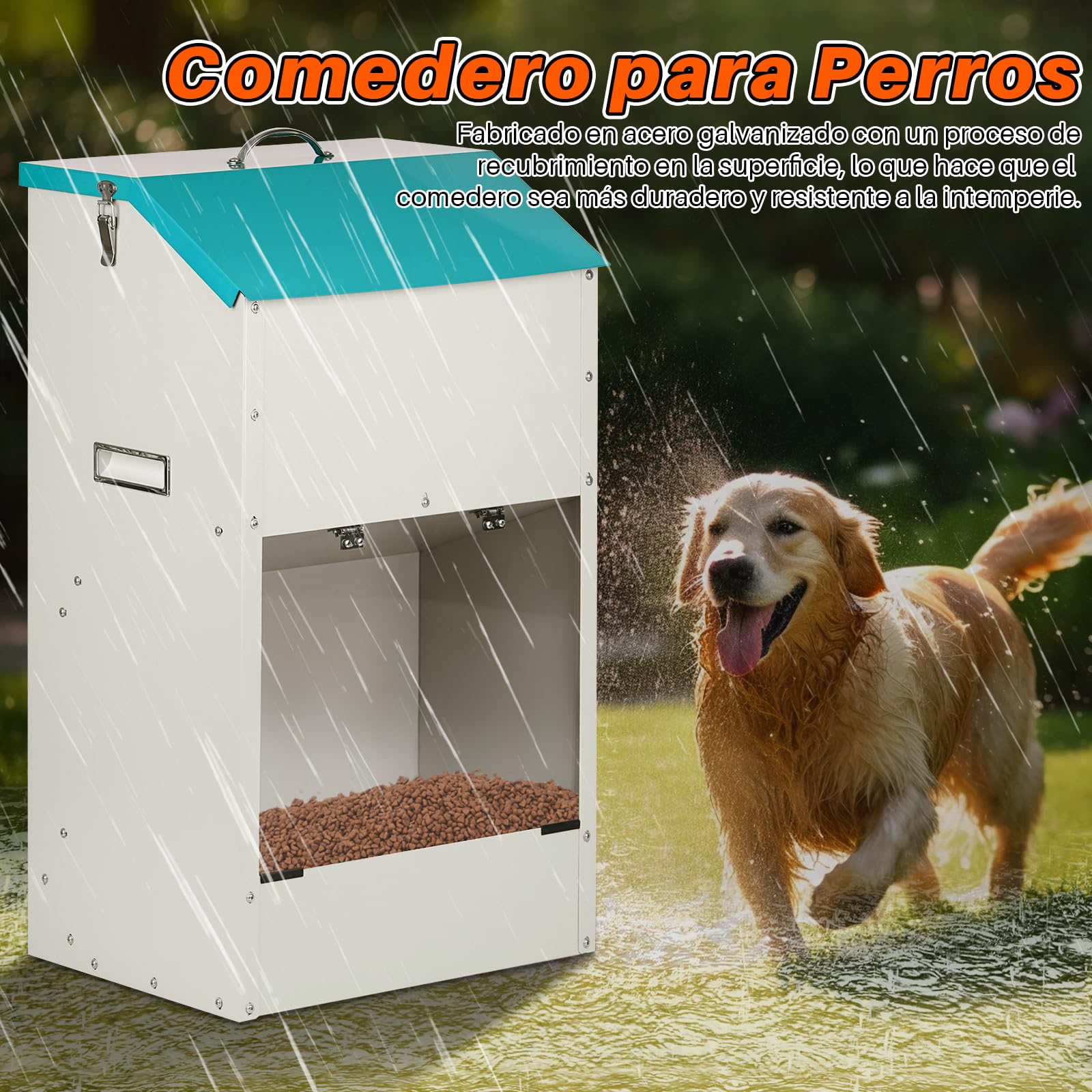 Alimentador automático para Grandes Perros de 50 lbs, alimentador automático Exterior, Distribuidor de Alimentos para Grandes Perros, alimentador de Gravedad galvanizado de Gran Capacidad para