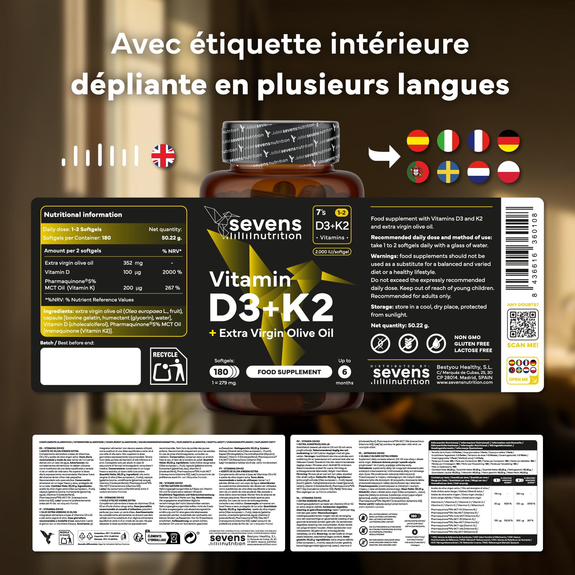 Vitamine D3 K2 MK7 - Vitamin D3 2000UI - Vitamine K2 MK7 100 µg - Avec de l'Huile d’Olive Vierge - 180 Softgels Sans Gluten - Hautement Dosé, Haute Biodisponibilité - Os, Muscles, Système Immunitaire