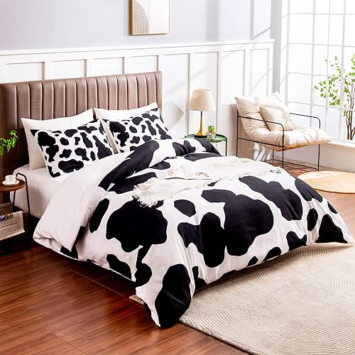 Miniatura 3 de MAST DOO Juego de ropa de cama con estampado de vaca tamaño Queen, funda de edredón de vaca de 3 piezas con 2 fundas de almohada y lazos con