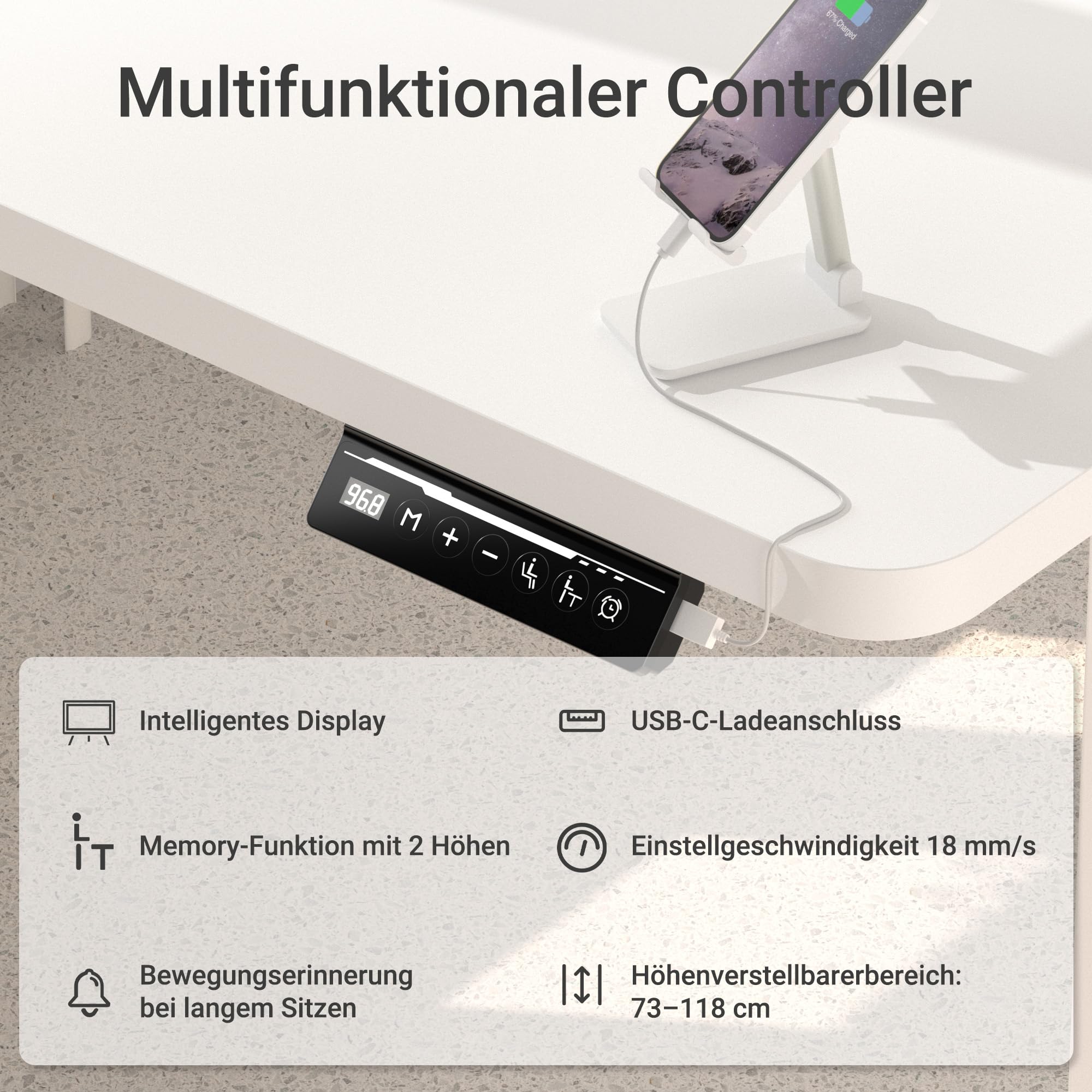 Höhenverstellbarer Schreibtisch mit USB-C Ladeanschluss 120 x 60cm, Memory-Funktion Stabiler Schreibtisch Höhenverstellbar Elektrisch, Steh-Sitz Tisch Stehpult Verstellbarer Computertisch, Weiß