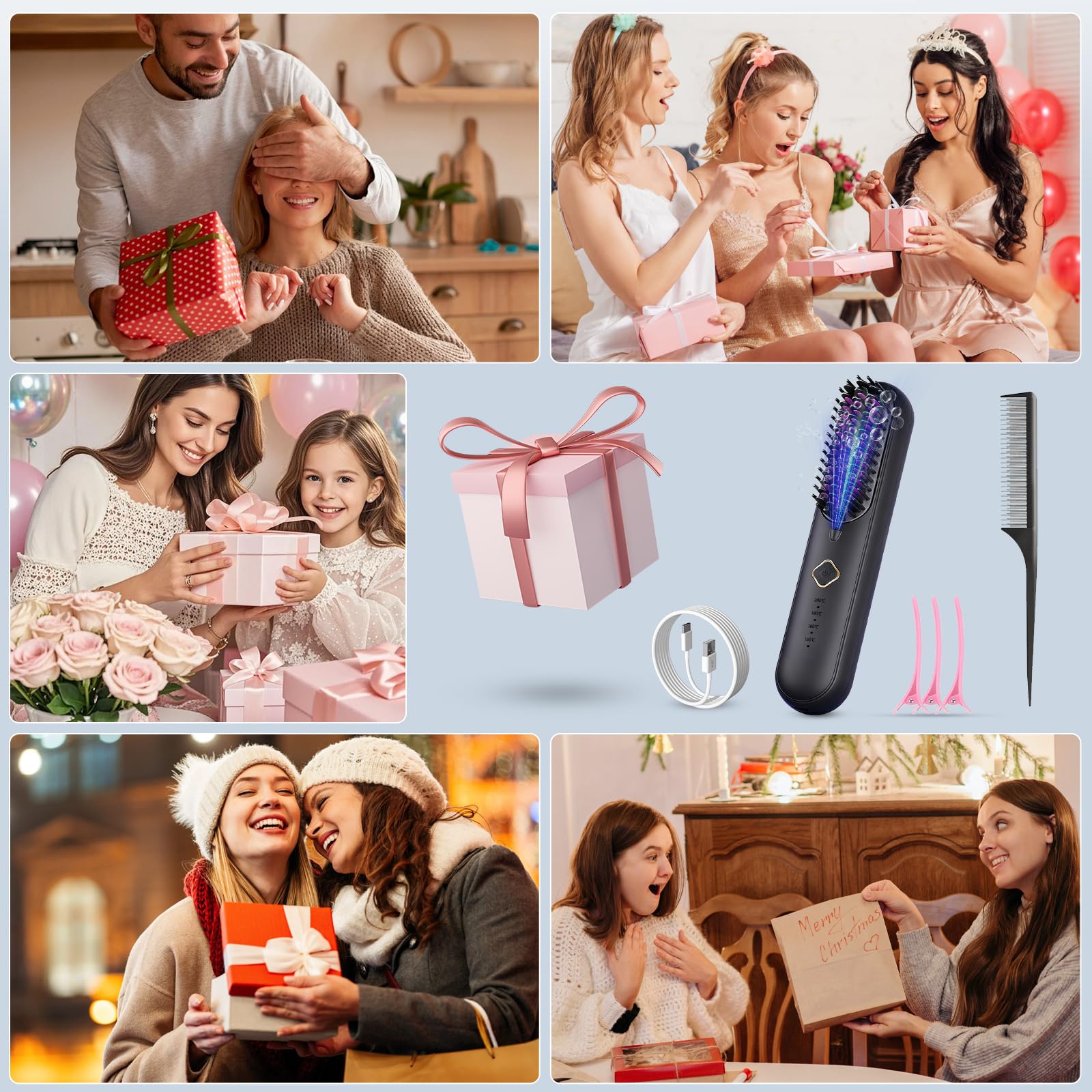 Mini Haarglätter Bürste, Tragbare Glättbürste Kabellos, Professionelles Haarwerkzeug zum Stylen, 4 Temp Einstellungen (140℃-200℃) & Verbrühungsschutz, Ionen Haarglätter für Alle Haarlängen