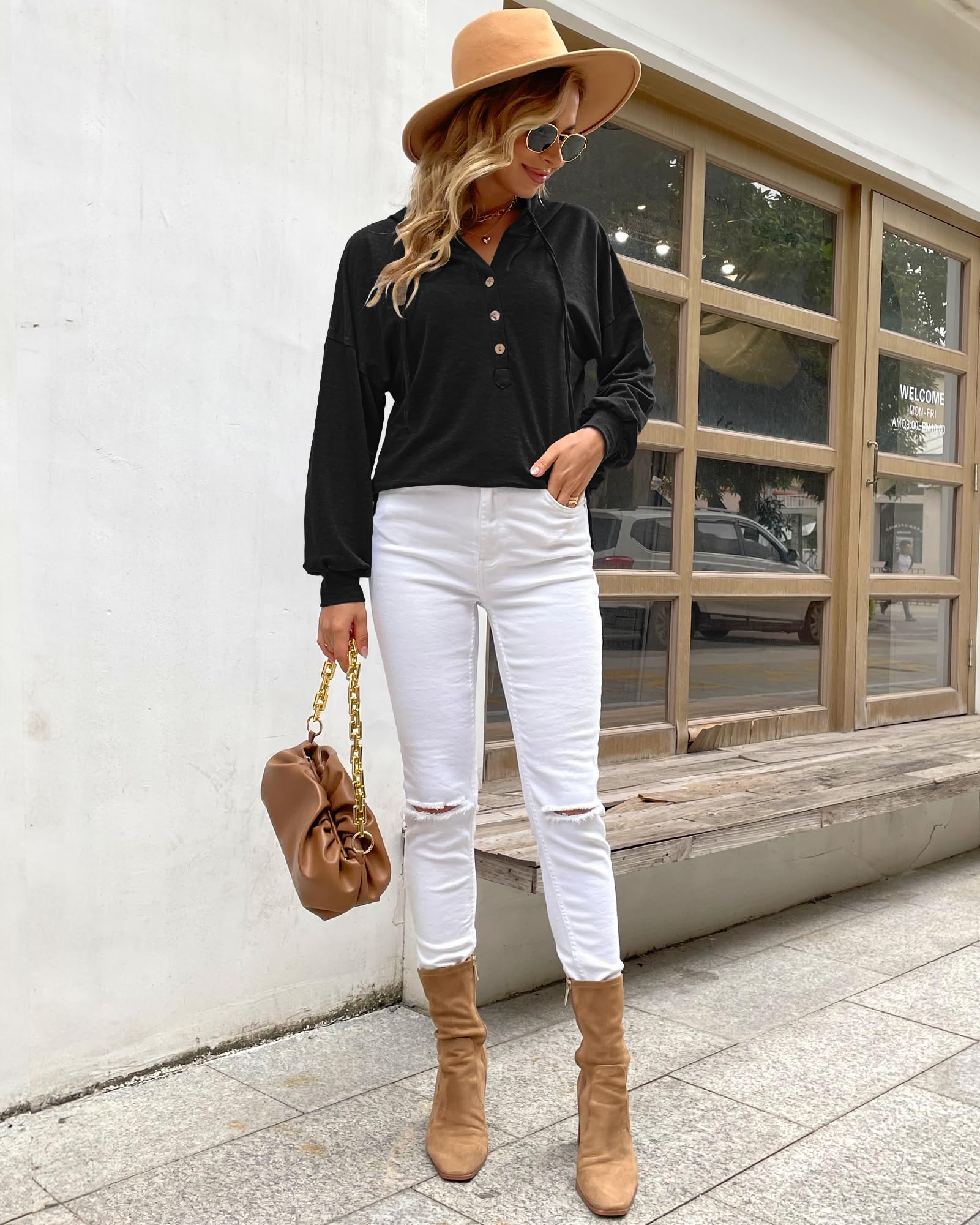 PLOKNRD Sweat-Shirt surdimensionné à Manches Longues pour Femme Pull à Capuche boutonné avec Cordon de Serrage