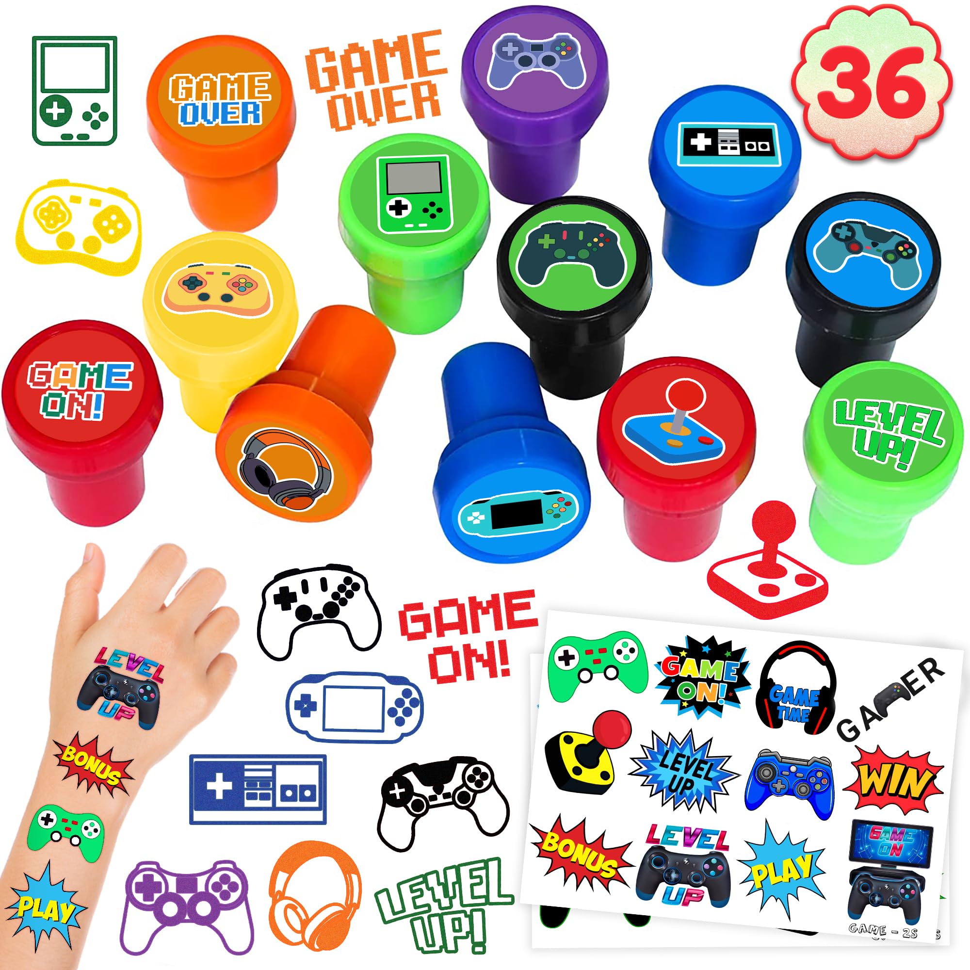 36PCS Video Game Party Favors - 24PCS Temporary Tattoos & 12PCS Stamps - Ideal Gamer Game On Controllers GamePad Themed Birthday Card Decorations