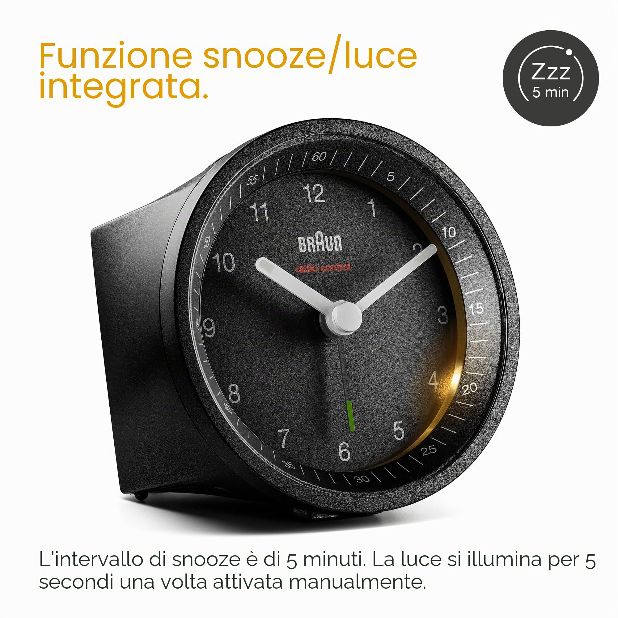Braun Orologio Sveglia Classico Analogico Radio controllato per Fuso Orario Europa Centrale (DCF/GMT+1) con Funzione Snooze e Luce, Movimento Silenzioso, Suono Sveglia Beep con crescendo, BC07B-DCF