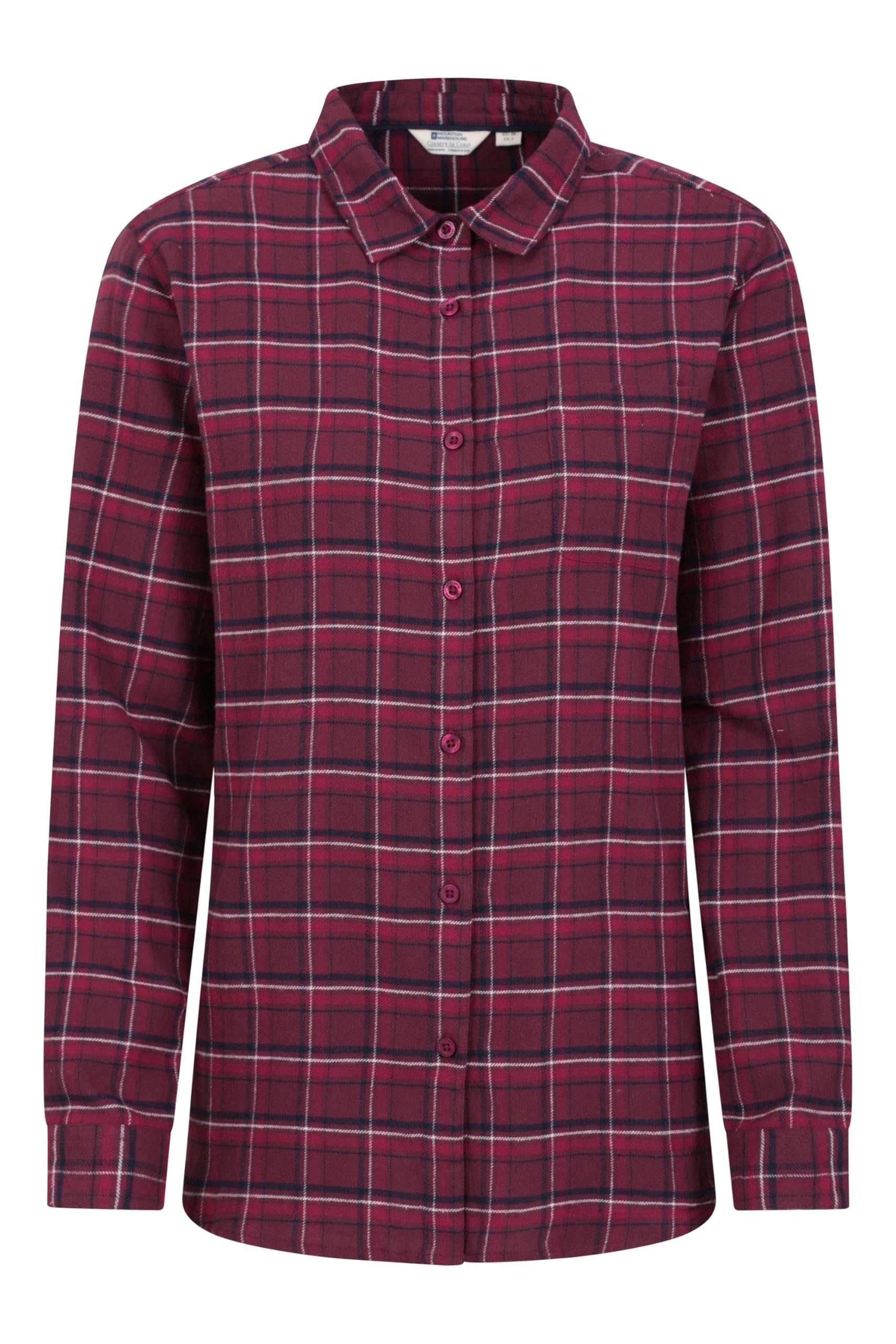 Mountain Warehouse Balsam Brushed Longline Flannel Long Sleeve Womens Shirt - Breathable Checked Shirt, Antipill, Lightweight Ladies Top, Warm -Clothing for Cold Weather Burgundy Women's Size 8