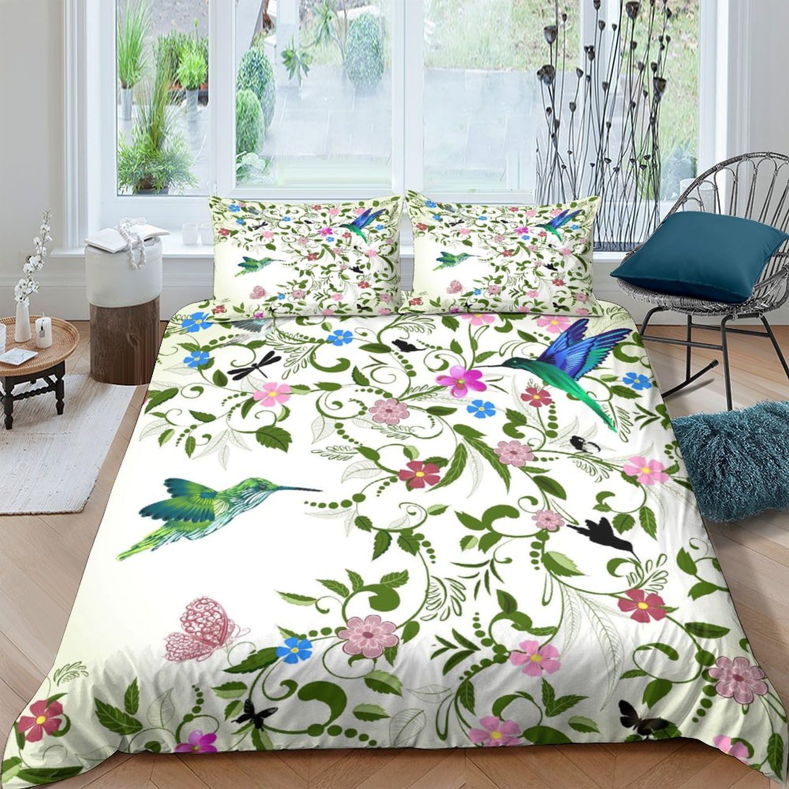 Ctjqhvkz Style-4 3D Printed Hummingbird Floral Fitted Sheet Microfiber Soft Green Pink Butterfly Mattress Cover Bedroom Decor Single（135X200cm）