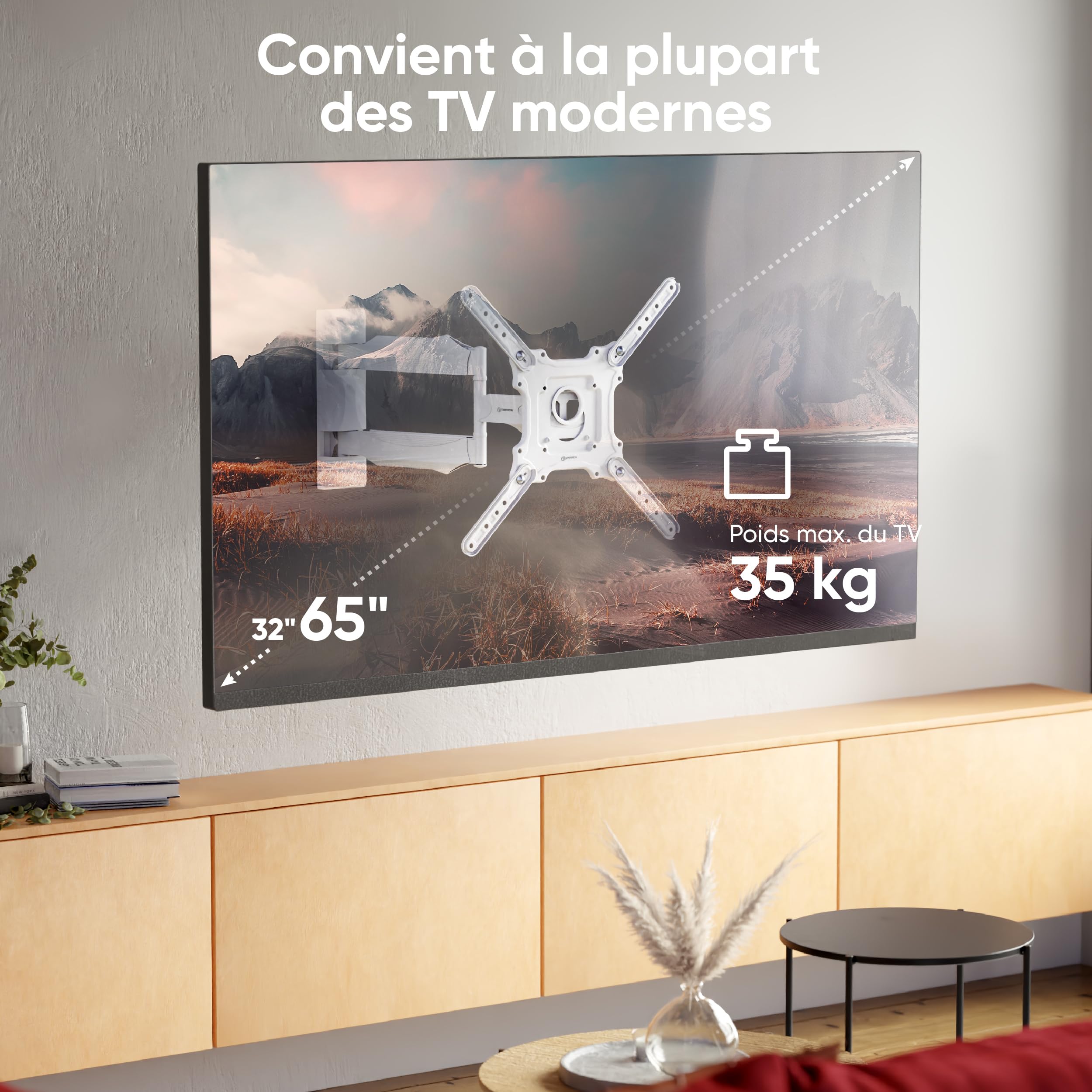 ONKRON Support Mural TV pour 32-65 Pouces Poids de 35 kg, Bras Television Mural VESA 100x100-400x400, Support TV Mural Orientable, Fixation Tele Murale Inclinable, Accroche Tele Pivotant Blanc M4-W