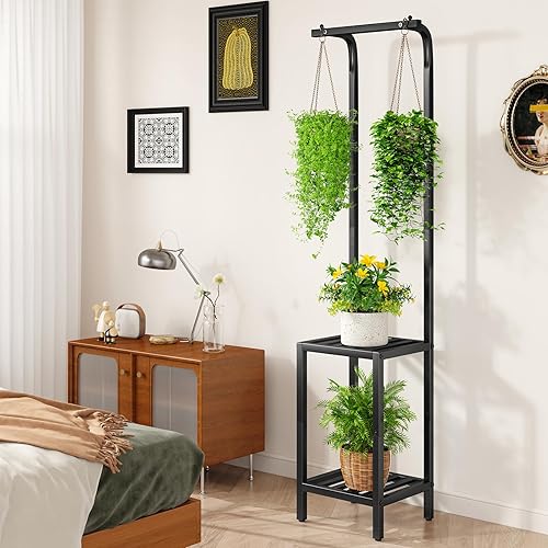Miniatura 4 de IBUYKE Soporte para plantas de 67 pulgadas de alto para interiores y exteriores, estante de metal colgante de 3 niveles para múltiples plantas,