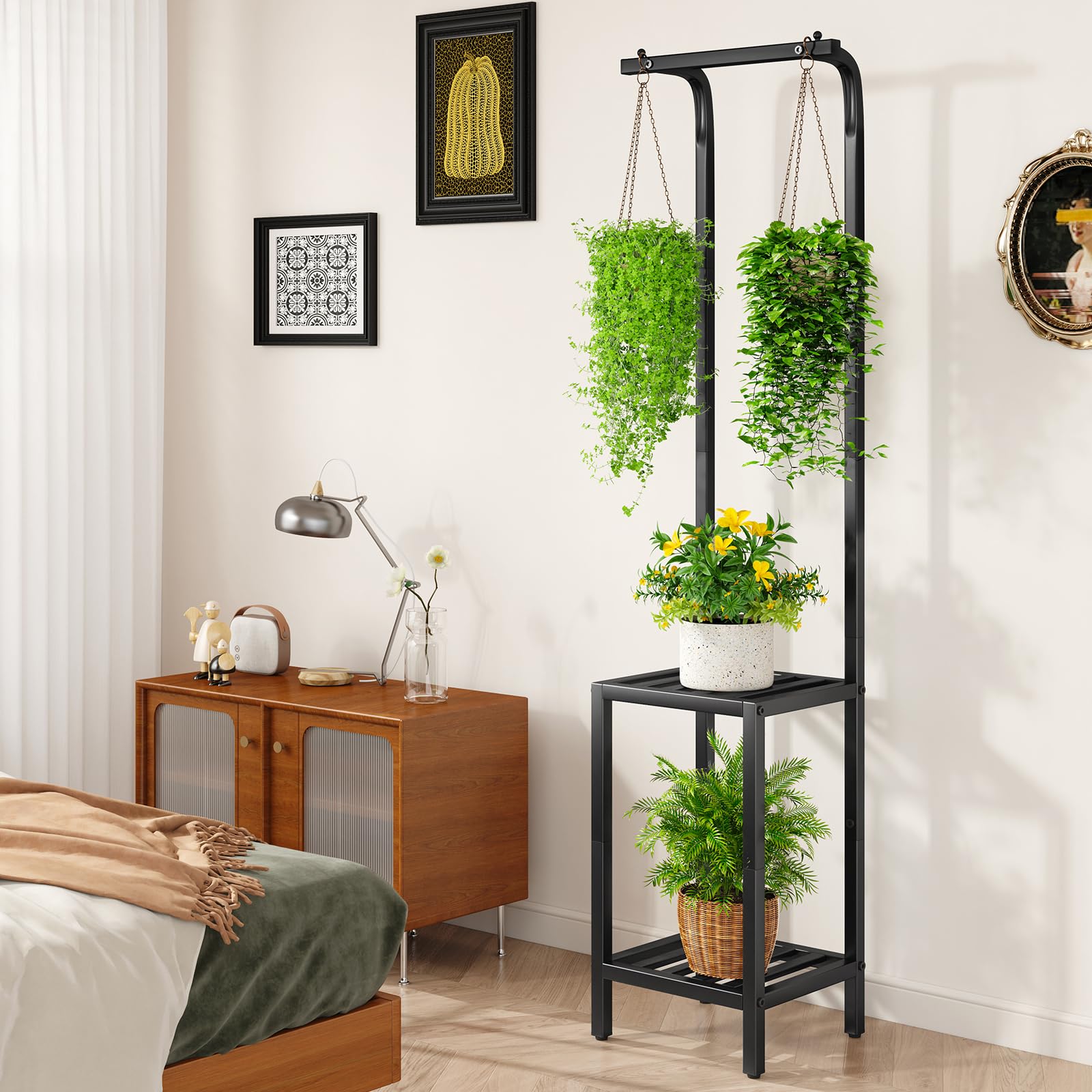 IBUYKE 170cm Wysoki Stojak na Rośliny do Wnętrz i Na Dworze, 3-poziomowy Wiszący Stojak na Kwiaty z Metalu, Stojak na Rośliny Drzwi do Kwiatów do Salonu, Balkonu, Ogrodu, Czarny TMJ076B