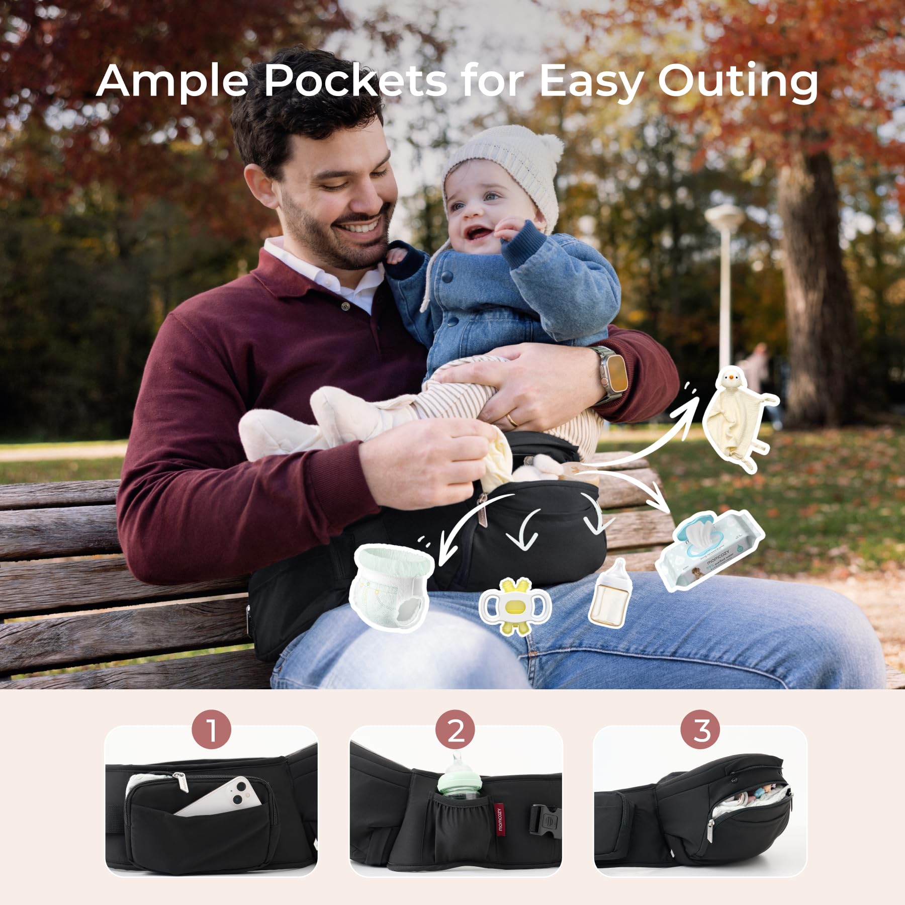Momcozy Baby Carrier with Hip Seat, 2-in-1 Forward-Facing Carry for Active Babies, Detachable Hands-Free Infant Carrier up to 20kg, All Seasons Toddler Carrier Fits Waist Sizes up to 120cm, Black — view 7