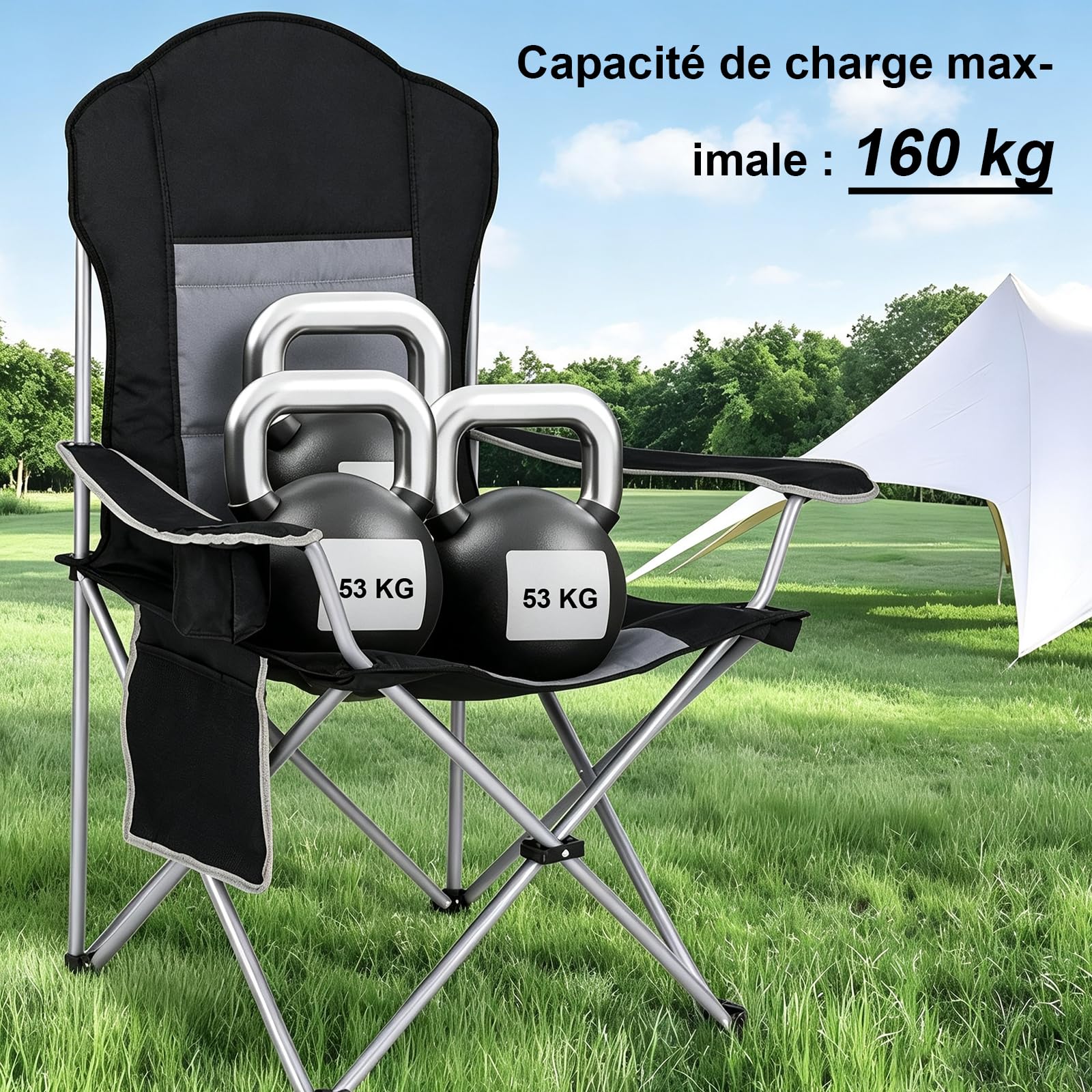 Chaise Pliante Camping XXL Haute Charge 160KG+,pour Plage/Camping/Pêche | Confort longue assise, sac de rangement inclus, adapté toutes morphologies, pliage 1 seconde, usage jardin balcon