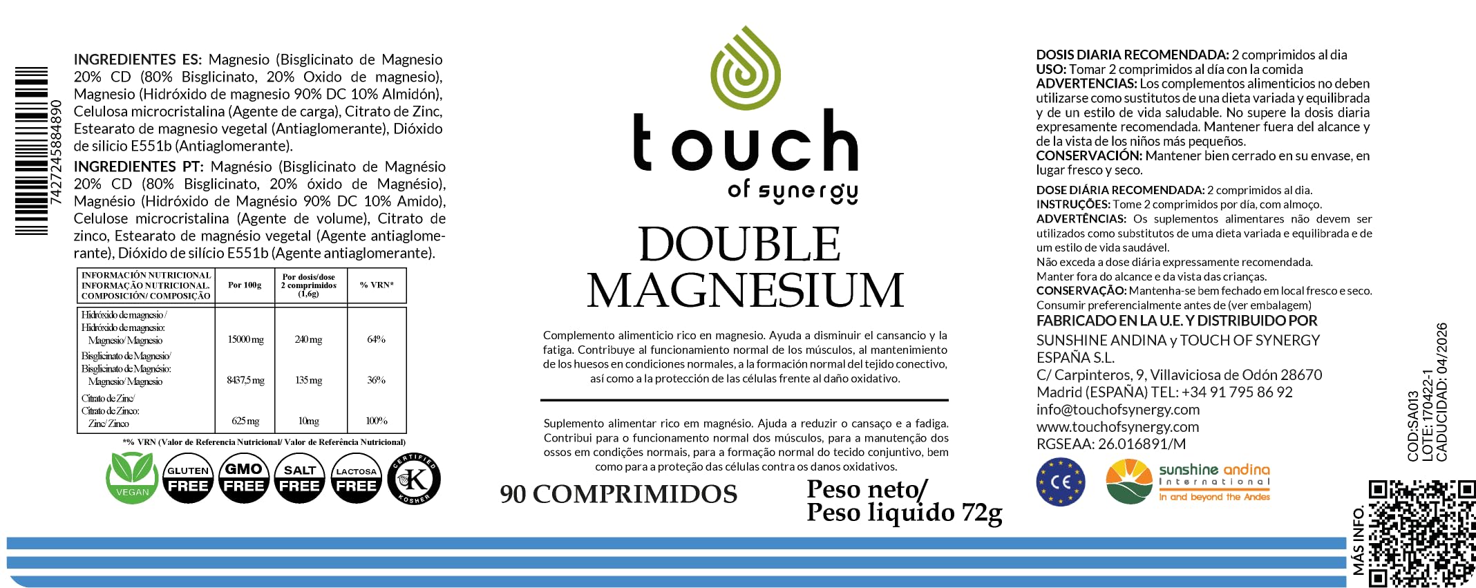 DOUBLE MAGNESIUM 1000mg – Bisglicinato, Hidróxido y Citrato de Magnesio + Zinc – Suplemento para Energía, Músculos, Huesos y Sistema Nervioso – 90 comprimidos