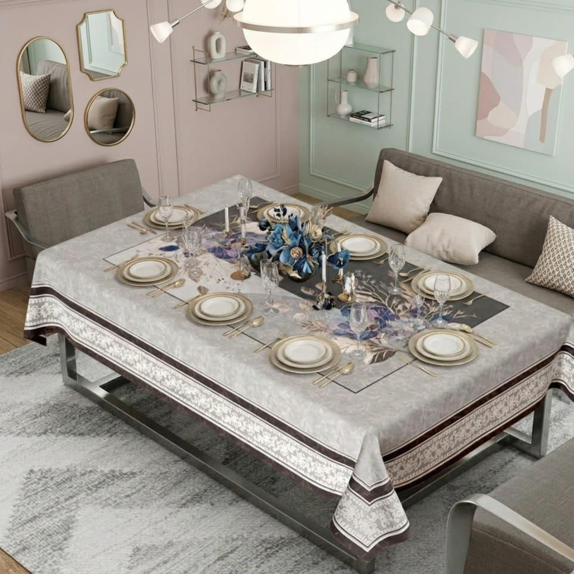 Tarantaran Designer Table Cover with Silver Flower Pattern | Elegant Living Room Table Cloth-image-35
