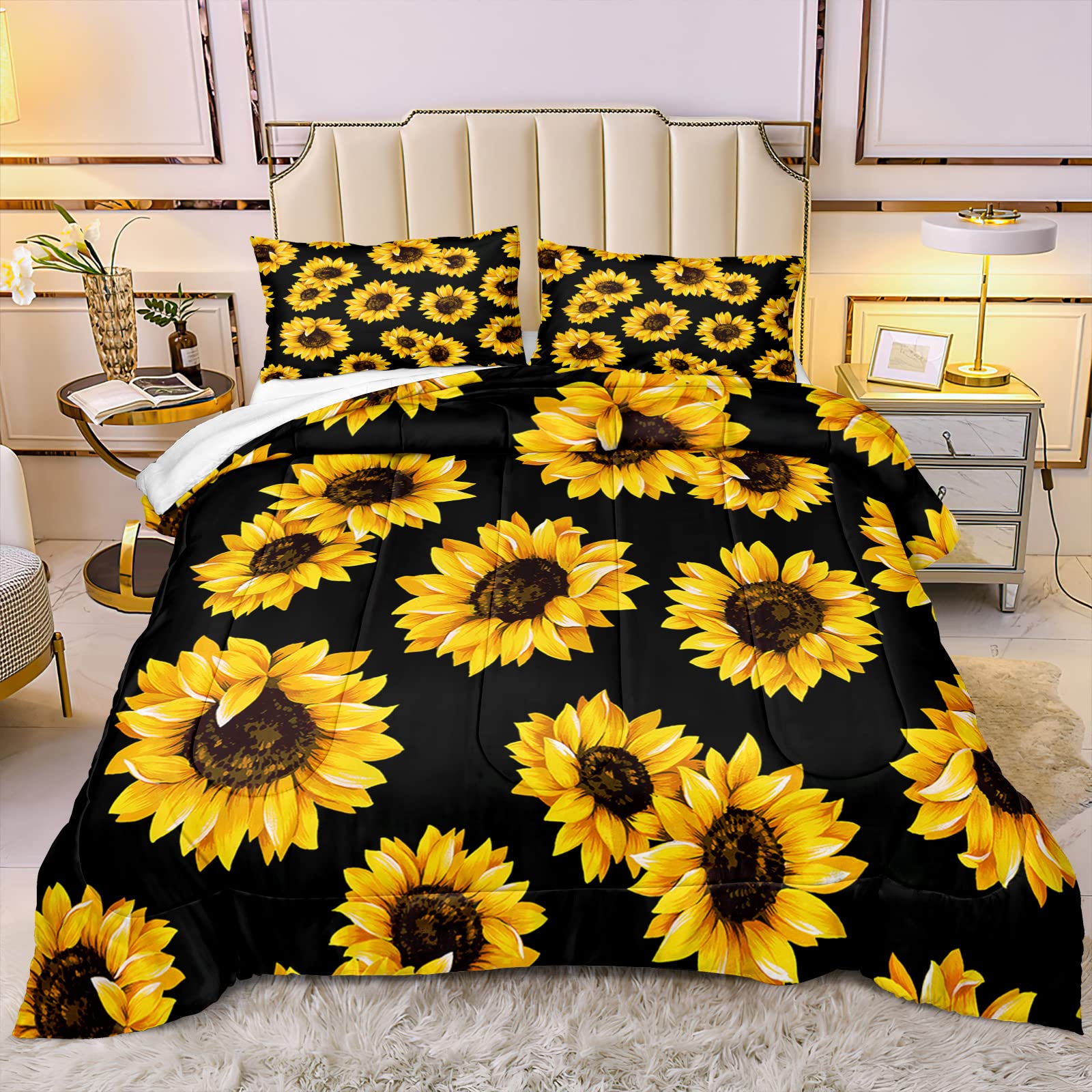 Black Sunflowers Comforter Set Queen 