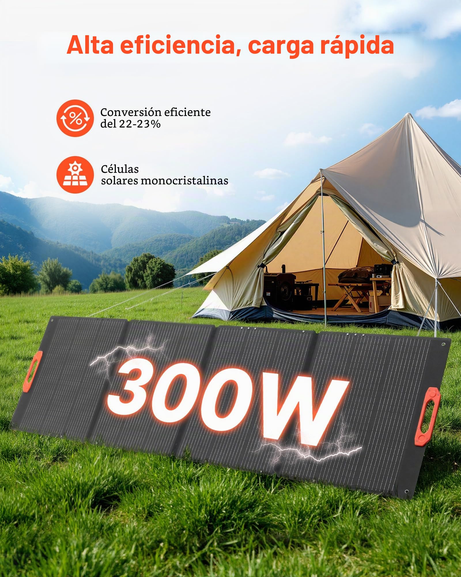 VEVOR Panel Solar Monocristalino Plegable de 300 W, Cargador Portátil de Eficiencia 23%, con Salida MC4 y Adaptadores de DC 10 en 1, Impermeable, para Centrales Eléctricas, Camping y Senderismo