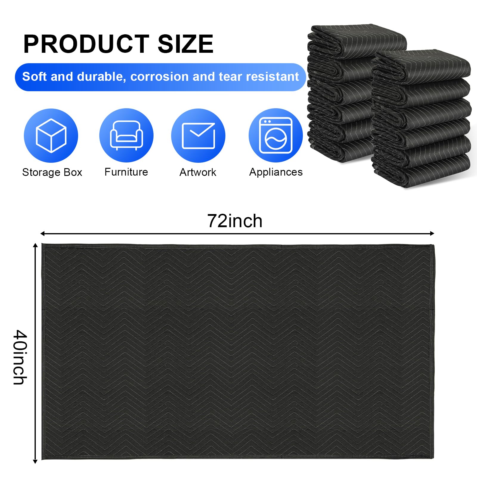 AKOZLIN 183 x 101,6 cm Moving Blankets 12 Pack Padded Heavy Duty Quilted Wrapping Furniture Moving Pads for Shipping Supplies, Black