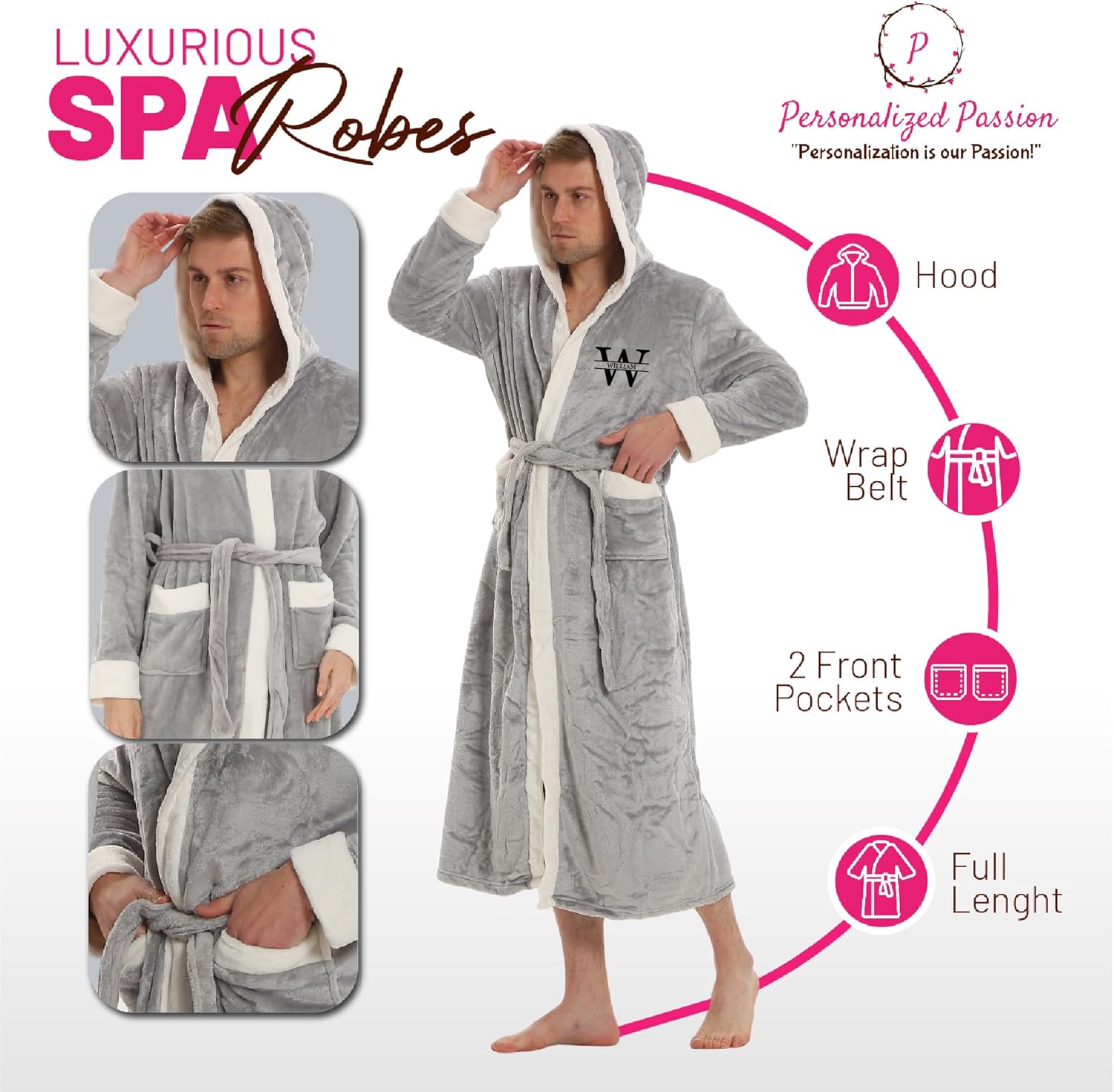 Personalized Hooded Plush Robe for Women and Men - His and Her Robes with Custom Name/Monogram - Soft Luxurious Spa Bathrobes