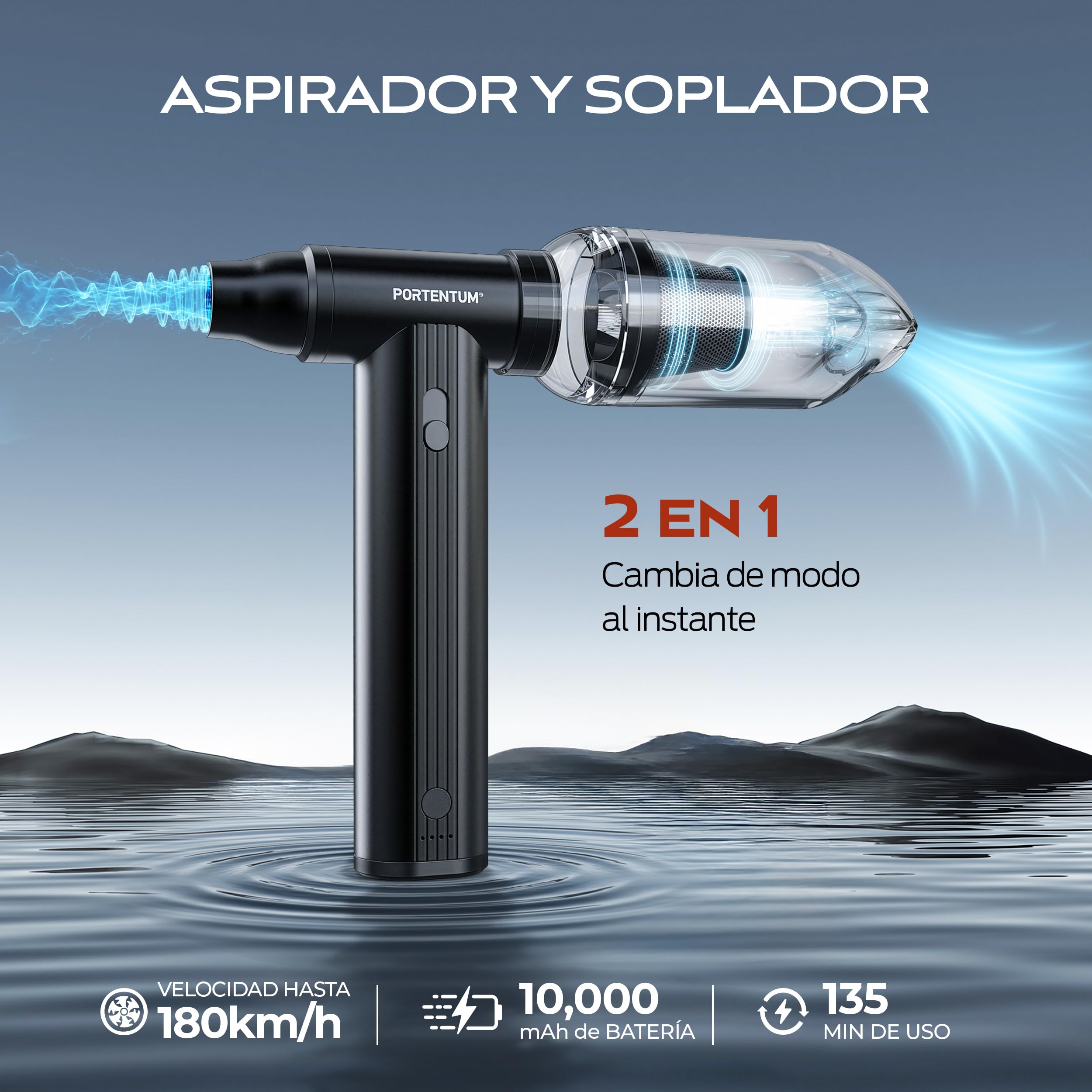 PORTENTUM 2 en 1 Mini Aspirador de Mano Potente 25 kPa – 10.000 mAh hasta 135 min USB-C – Soplador de Aire 180 km/h con Motor brushless – Aspirador Coche regulación Continua de Velocidad – Set de 11