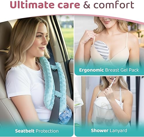 Vista 7 de Zomaple Almohada de recuperación de mastectomía + correa, funda para cinturón de seguridad y cordón de ducha, esenciales postoperatorios, Aqua