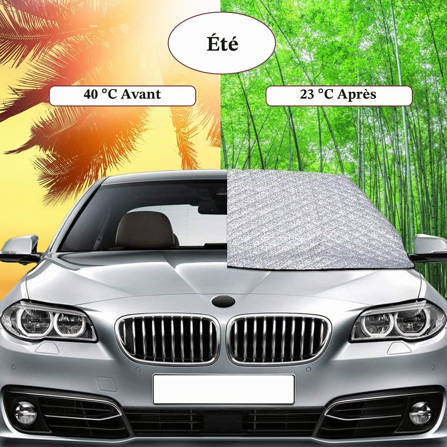 KEELYY Couverture Pare-Brise Voiture, Bache Pare Brise Protection Couverture Repliable, Universelle pour Bache Voiture Anti Givre et Neige, Soleil, Poussière - 150 x 100cm