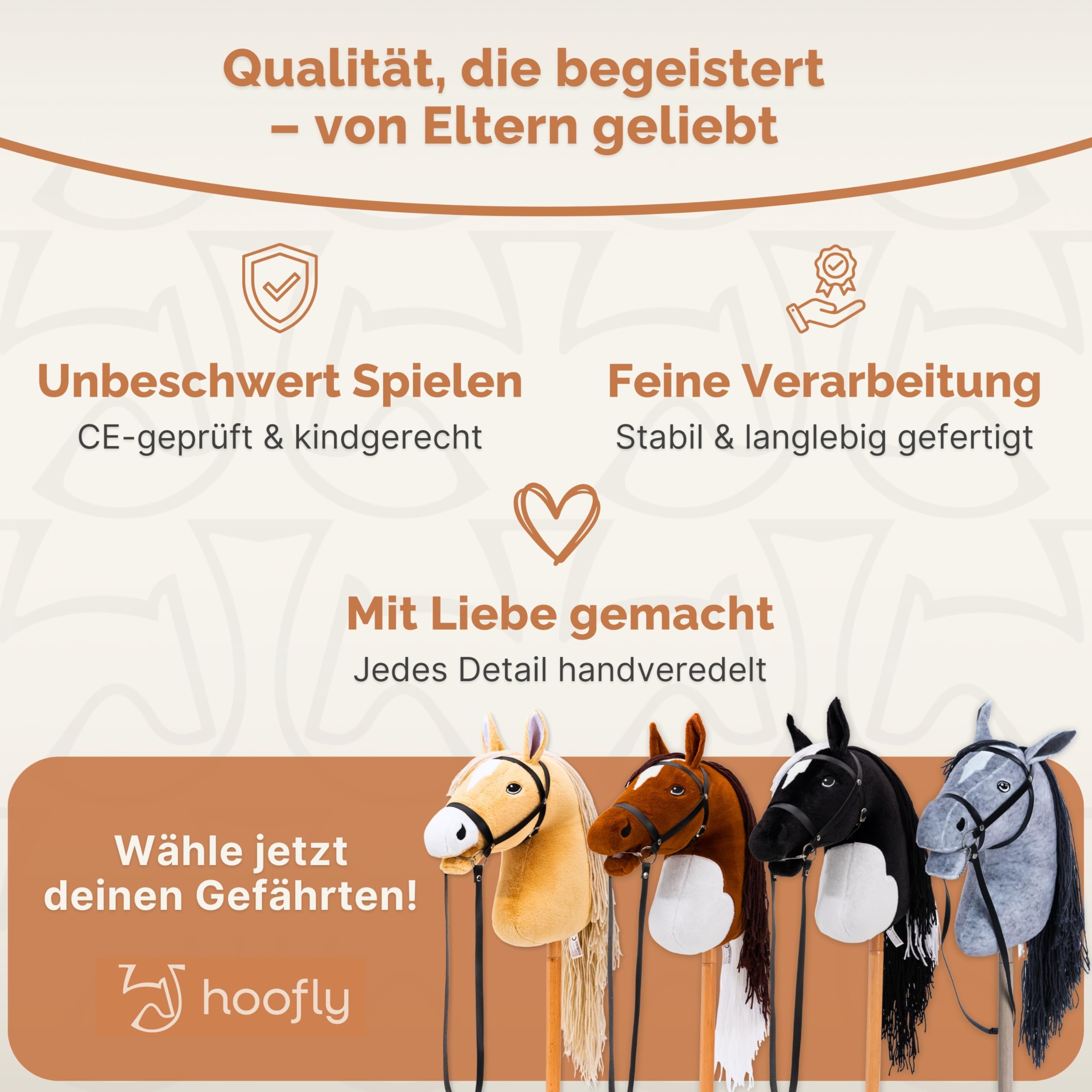 Hobby Horse Pferde – Großes Steckenpferd für Kinder A3 mit Trense & 40 cm Schraubstab | Realistisches & weiches Stockpferd Beige (Haflinger) | Hobby Horsing Pferd in 4 liebevollen Farben