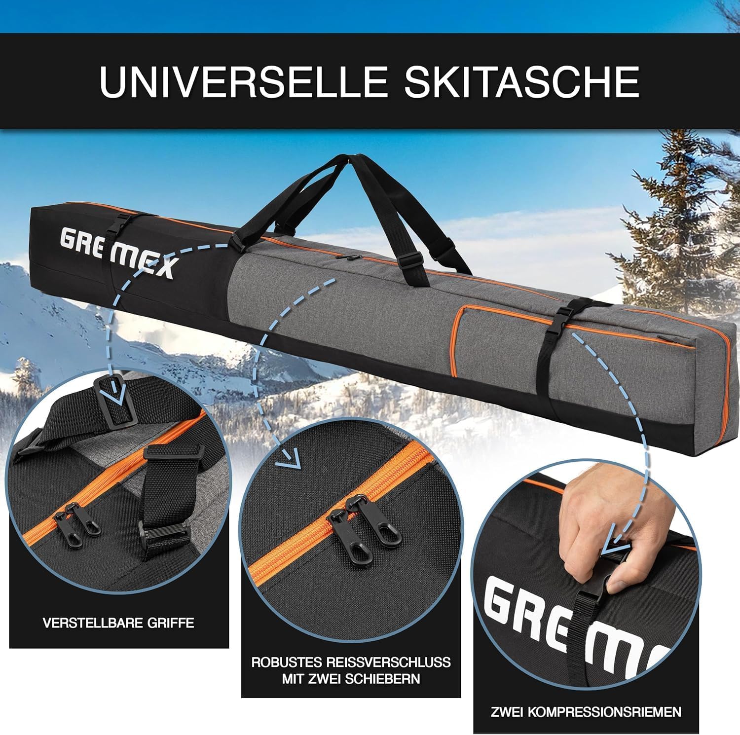 Skitasche - Skisack für 1 Paar Ski - wasserdichte Skitasche - Robuster Leichte Ski Tasche - Ergonomisch Skisack - Skisack Alpinski - Kompakte Skisack Skitasche Alpin - Ski Zubehör