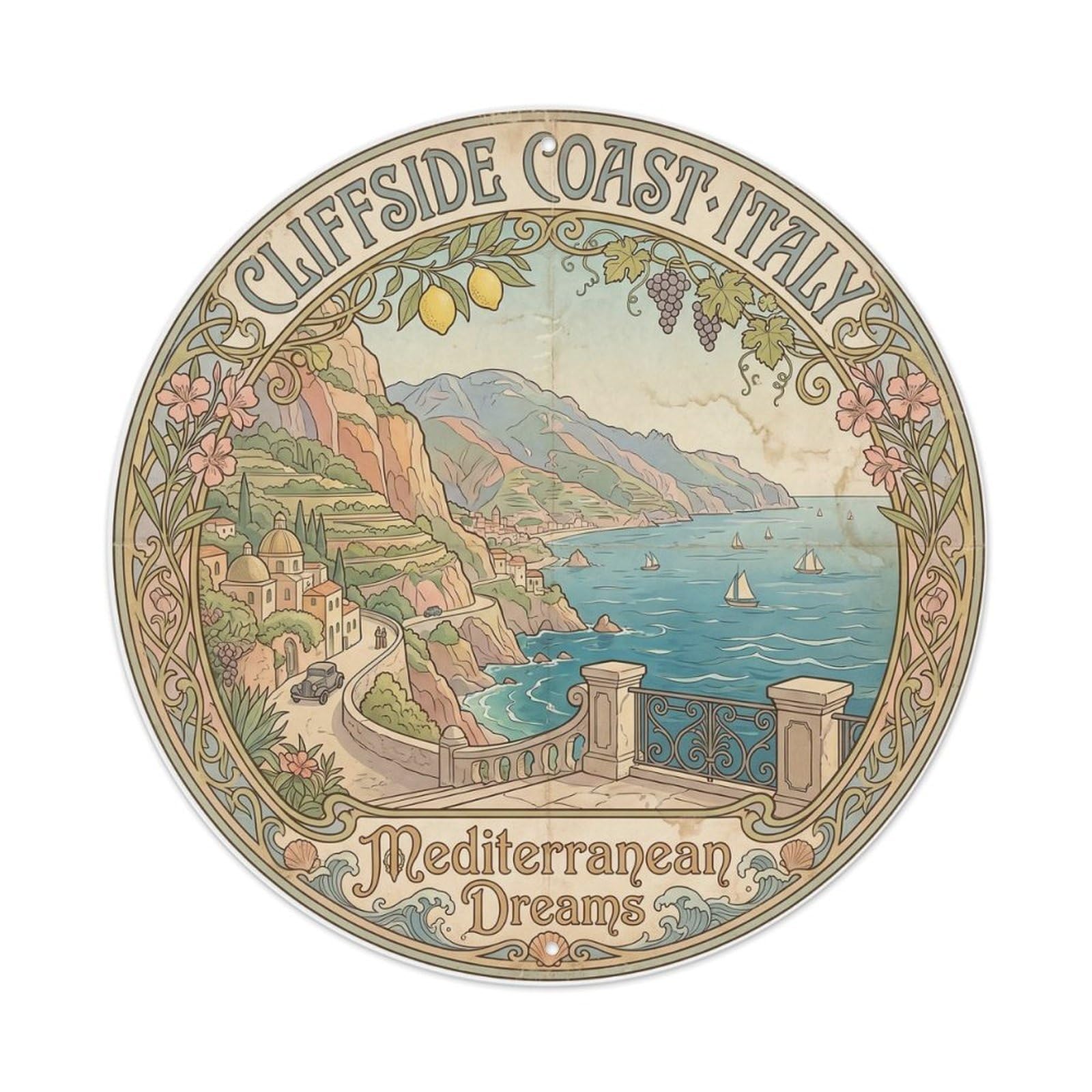 Vintage Travel Cliffside Coast Italy Scenic Metal Tin Sign