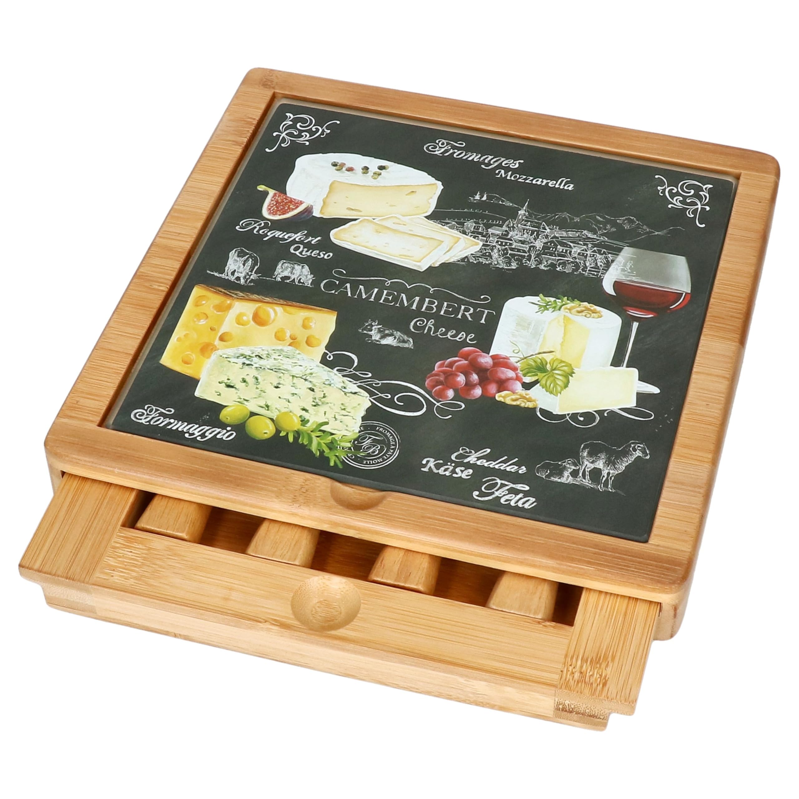 MamboCat World of Cheese Käseplatten Set I dekoriertes Käseschneidebrett aus Bambus-Holz & Glas mit Schublade & 4 Käsemessern I Servierplatte, Geschenkidee