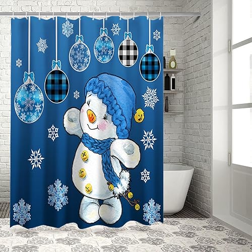 Miniatura 4 de Cortina de ducha de muñeco de nieve de Navidad, cortinas de ducha de muñeco de nieve azul para decoración de baño, bolas de Navidad de invierno con