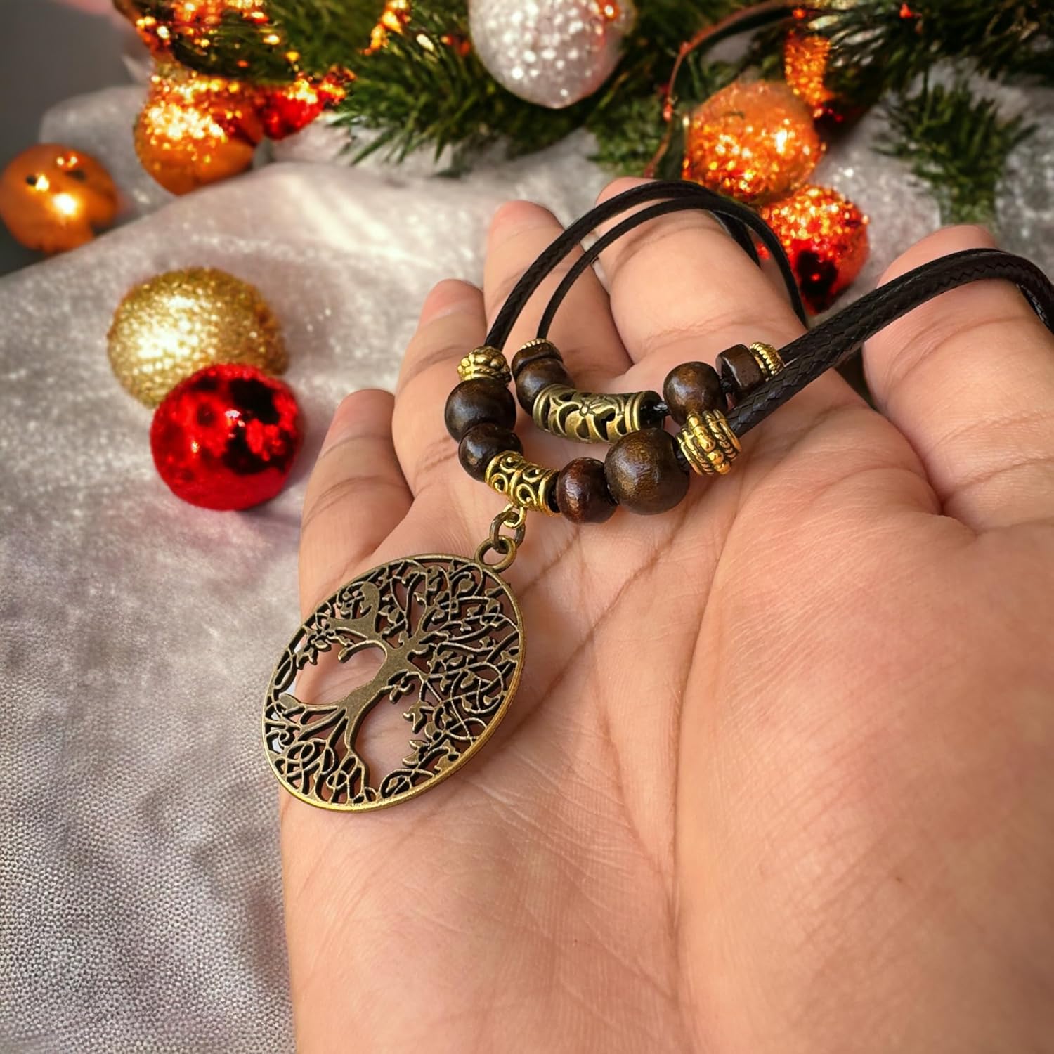 Double Layer Tree of Life Pendant Necklace Wood Beaded Jewelry Gifts for Mens Womens Wife Her Daughter Mom Grandma - Image 5