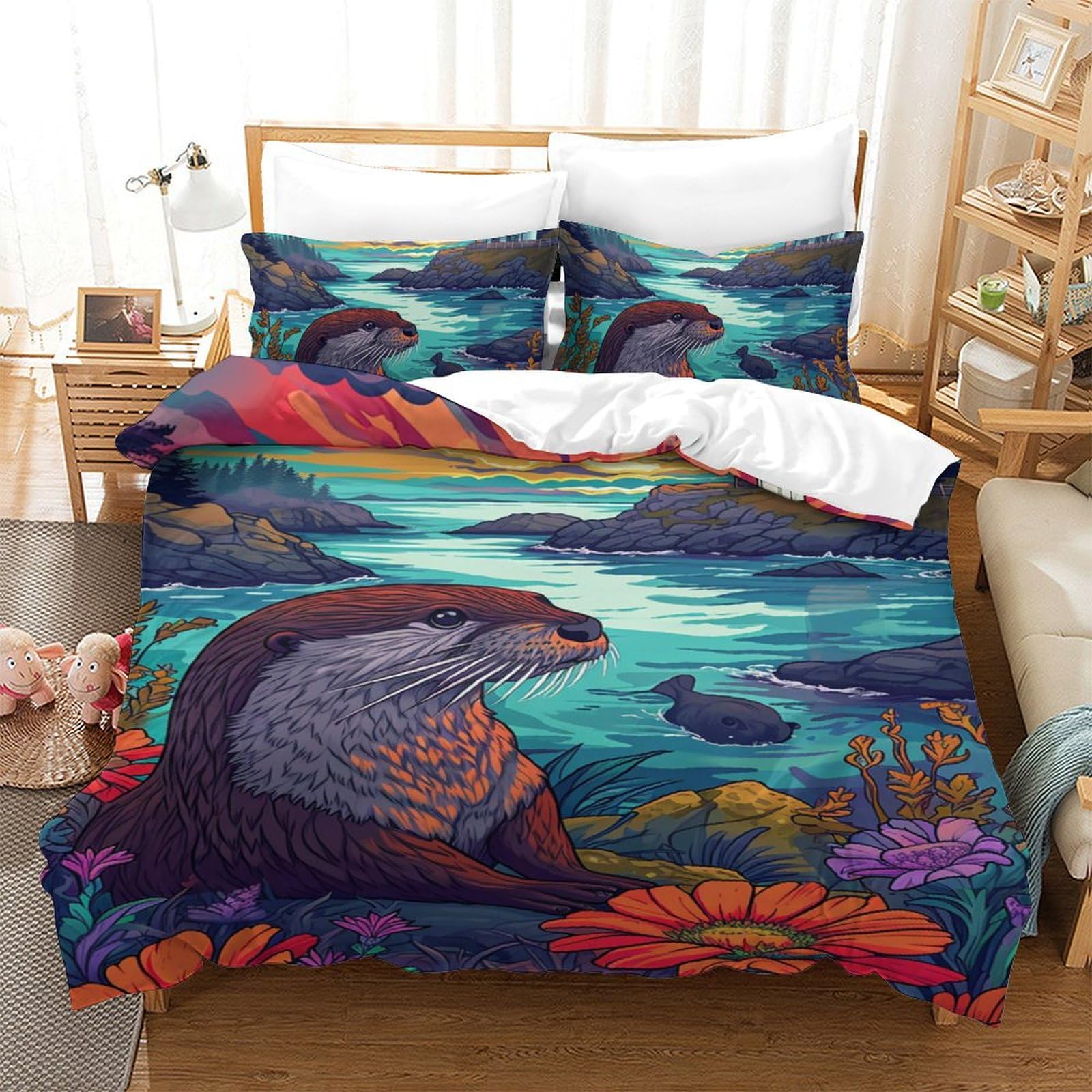 Housse de couette loutre 140x200cm crée un cocon de douceur respirante pour des nuits paisibles