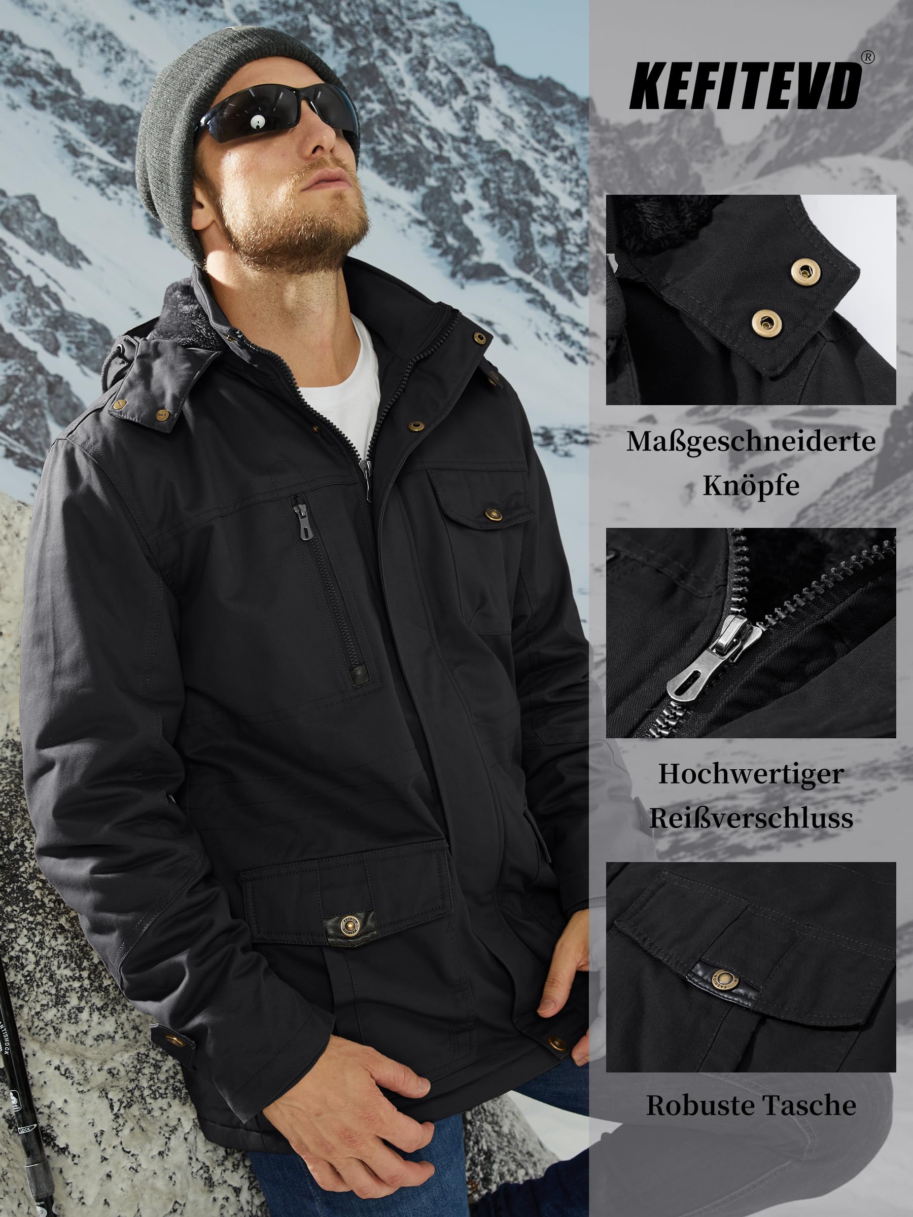 KEFITEVD Winterjacke Herren Warm Gefüttert Jacke mit Abnehmbarer Kapuze | Warme Gefütterte,Winterjacke mit Abnehmbarer Kapuze,Cargo Winterparka,Stehkragen Übergangsjacke,Militärstil