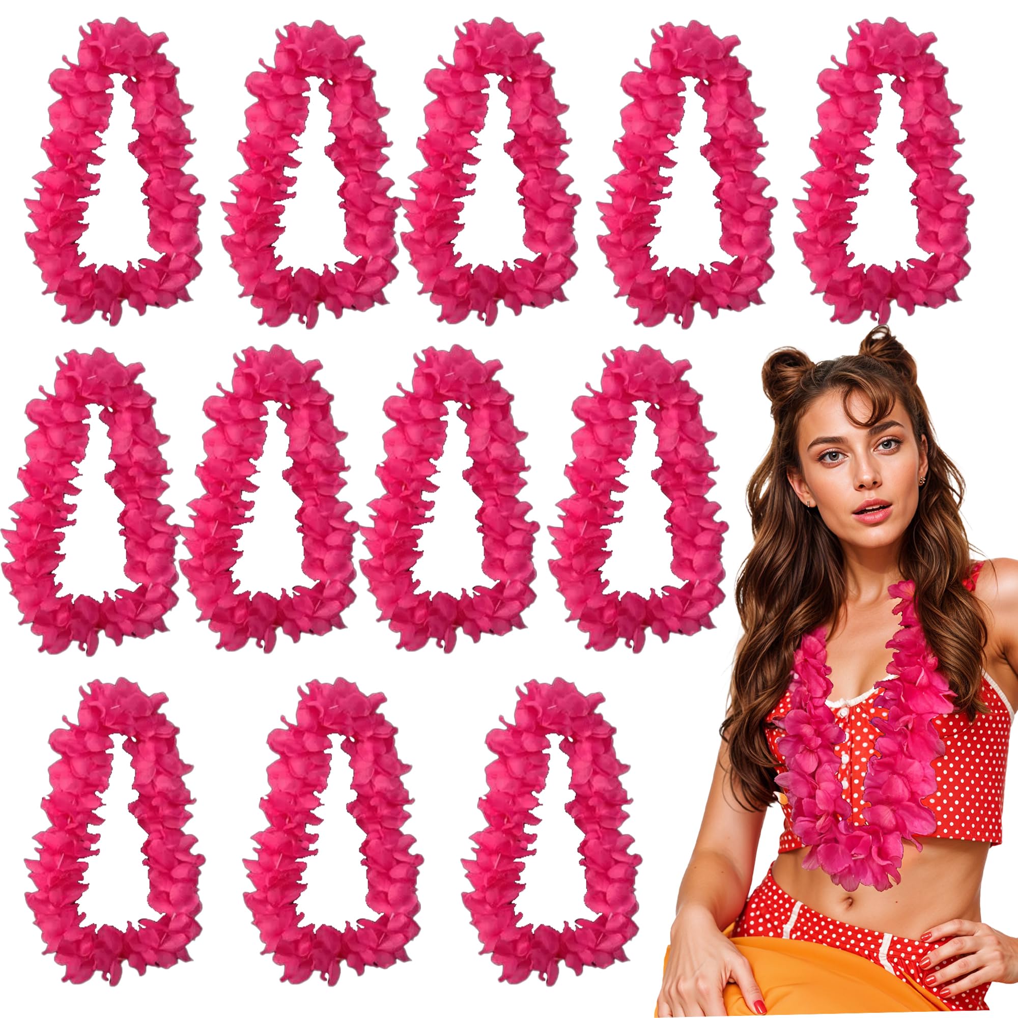 12 Pcs Hawaiian Garland Flower Lei Bulk, Tropical Flower Lei Hawaiian Lei Beach Hawaii Luau Alo Party Favors Decoration Birthday Party Supplies For Adults Kids (Hot Pink)