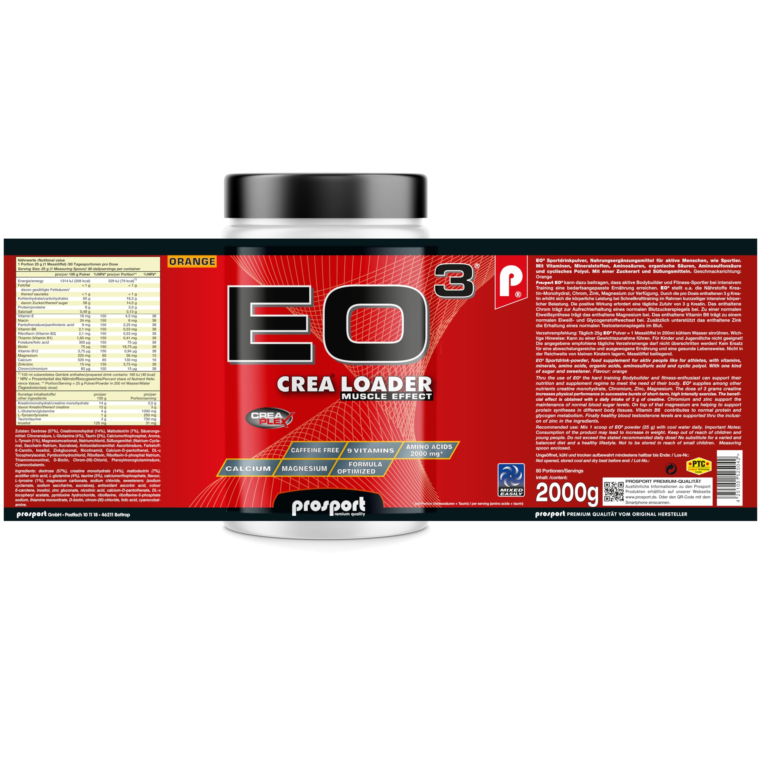 Prosport EO³ CREA LOADER Orange – 2000g Hochleistungs-Kreatin mit Vitaminen & Mineralstoffen – Creatin Monohydrat, Dextrose, Taurin & Glutamin – Workout Booster für Muskelaufbau & Schnellkraft