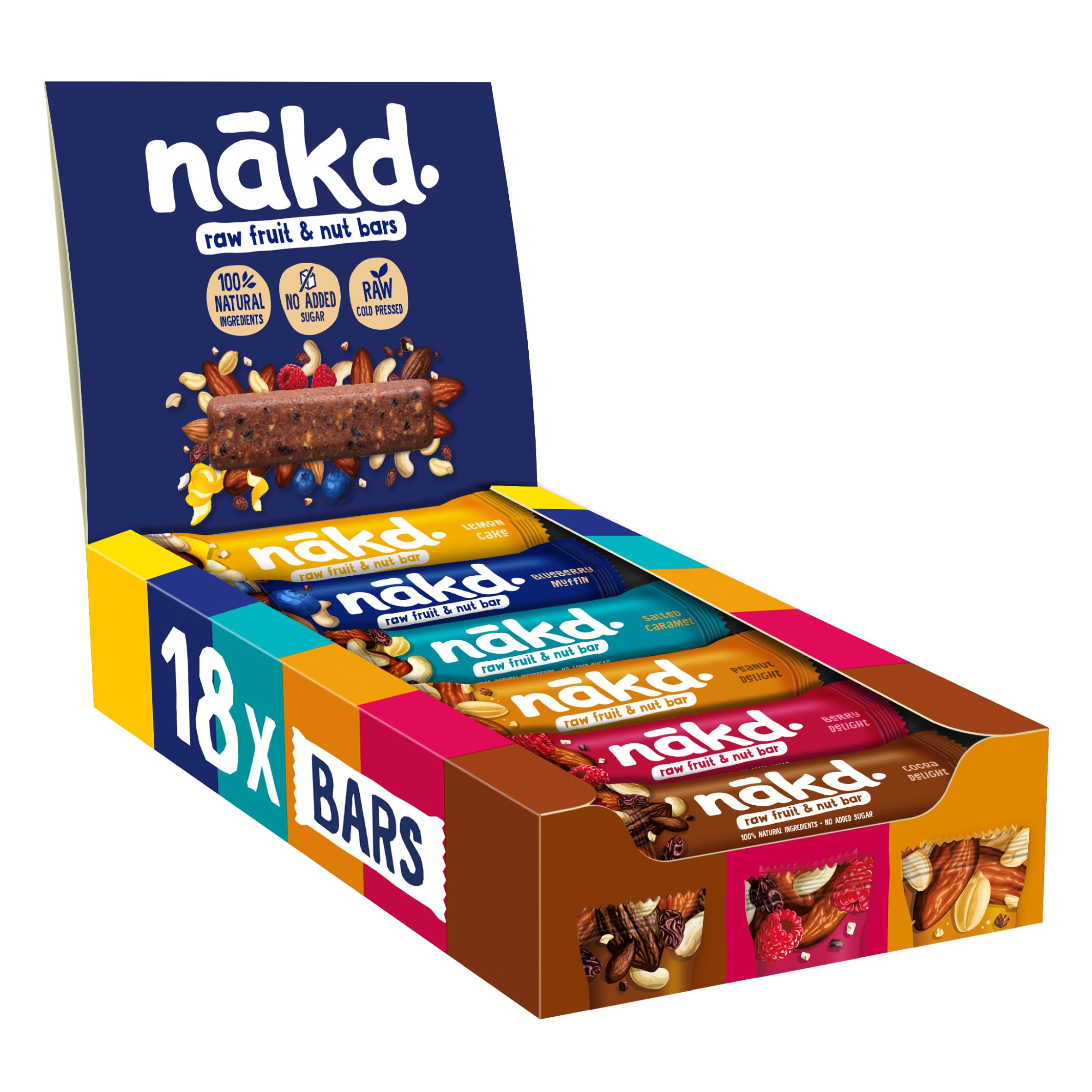 Nakd. Variety Pack Neue Mischung | Kaltgepresste Riegel aus Früchten & Nüssen | 100% Natürliche Zutaten | Ohne Zusatz von Zucker | Vegan | Glutenfrei & Ohne Milch | 18 x 35g | 630g