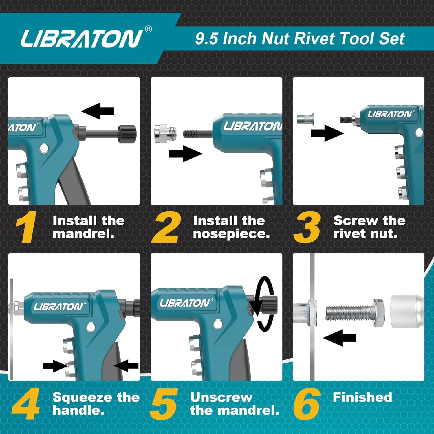 LIBRATON Rivet Nut Tool showing the process of installing a mandrel