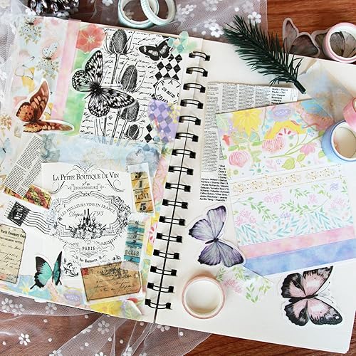 Miniatura 35 de Juego de 20 rollos de cinta washi vintage y 30 calcomanías retro negras, cinta adhesiva estética floral ancha para suministros de álbumes