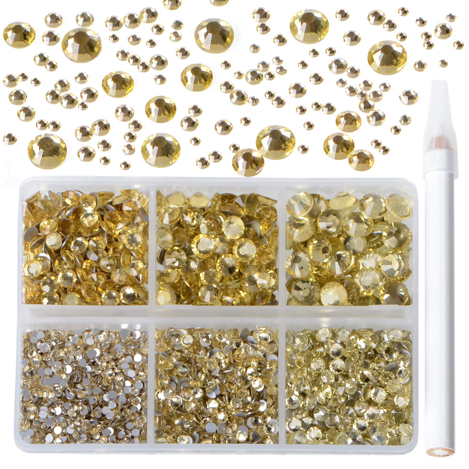 Bymitel 5000 Pieces 6 Mixed Sizes Glue Fix on Glass Rhinestones Round Crystal Gems Flatback for DIY Jewelry Making with one Picking Pen (6-Sizes 5000PCS, Jonquil)