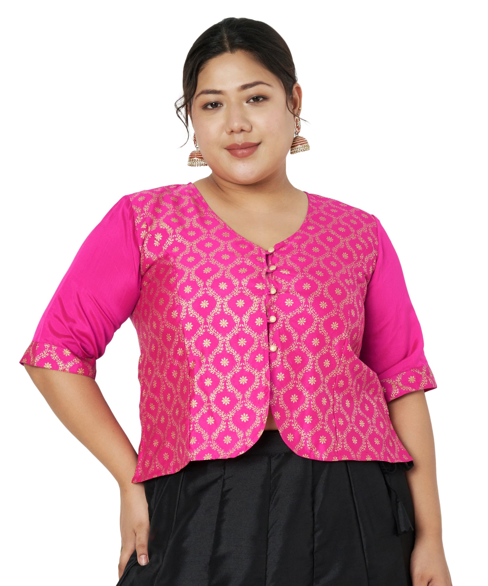 studio rasa Women's Plus Size Silk Blend Printed Button Down Top for Wedding Festive Party-picture-43