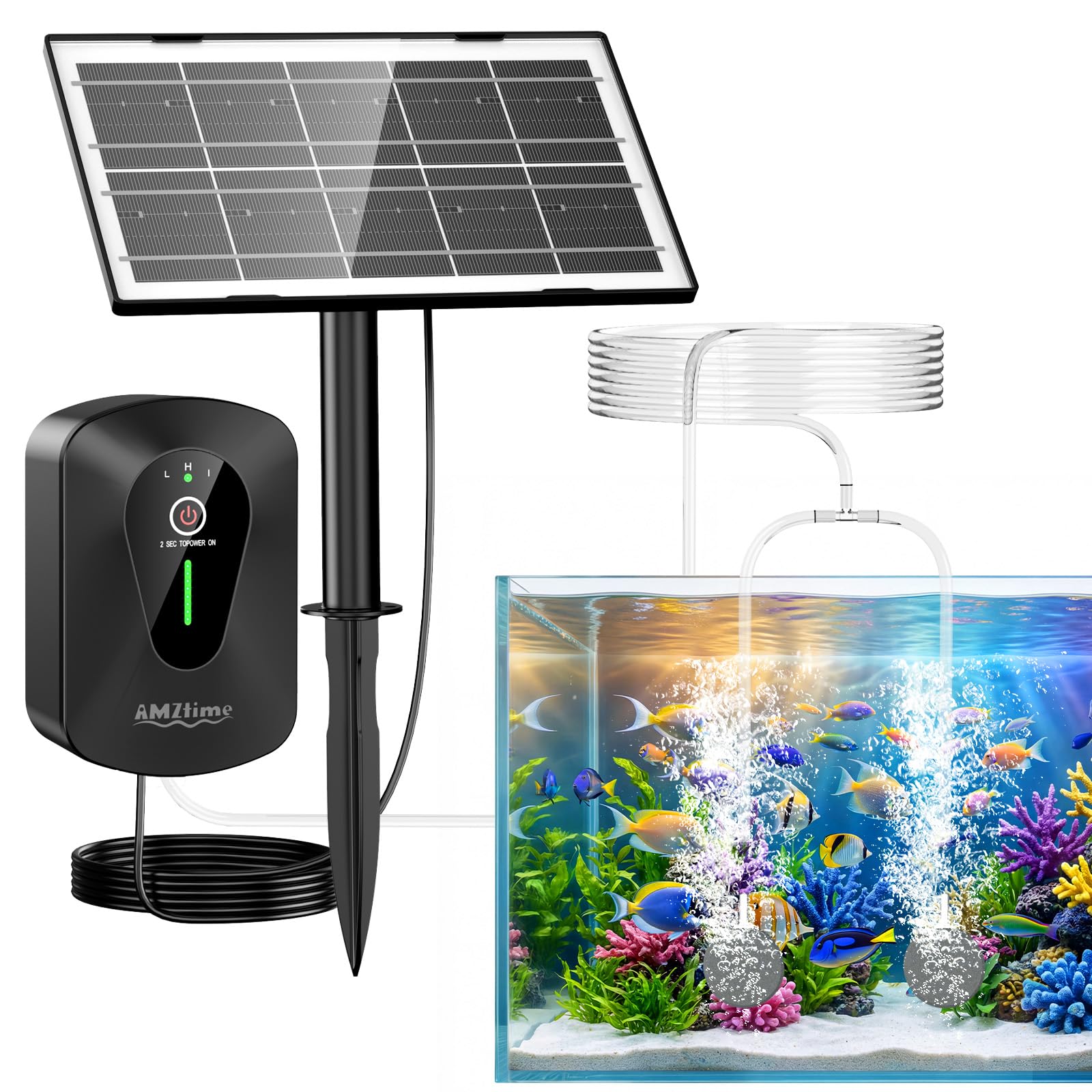 AMZtime Solar Sauerstoffpumpe für Gartenteich, 4.5 W Solar Teichbelüfter, Sauerstoffpumpe Oxygenator mit 2200 mAh Akku, Sauerstoff Luftpumpe 3 Modi 2 Luftsteine für Teich, Gartenteiche, Aquarium