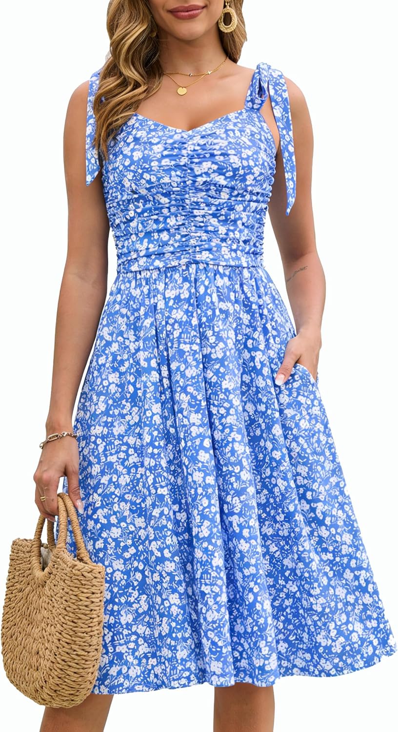 Kranda Women 2026 Summer Casual Spaghetti Strap Sundress V Neck Sleeveless Flowy Boho Floral Midi Dress with Pockets