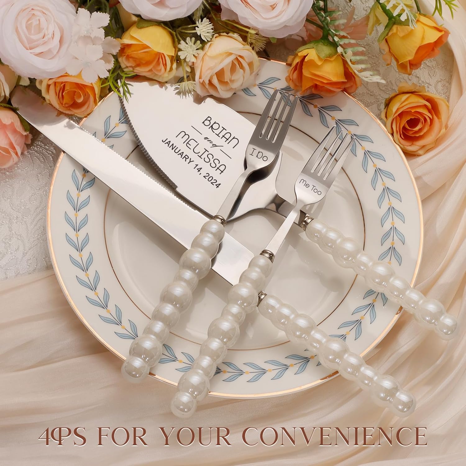 Personalized Cake Cutting Set with Forks, Pearl Cake Knife and Server Set Stainless Steel Serrated Edges, Silver Pie Cutter Pizza Spatula, Gift for Bridal Wedding Engagement Birthday