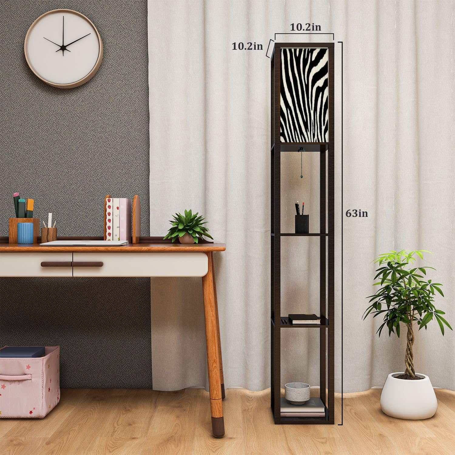 Standing Lamp with Shelves Tall Zebra Stripe Modern Wood Corner Lamp for Bedroom Living Room Office Floor Lamp Mid Century Room Decor