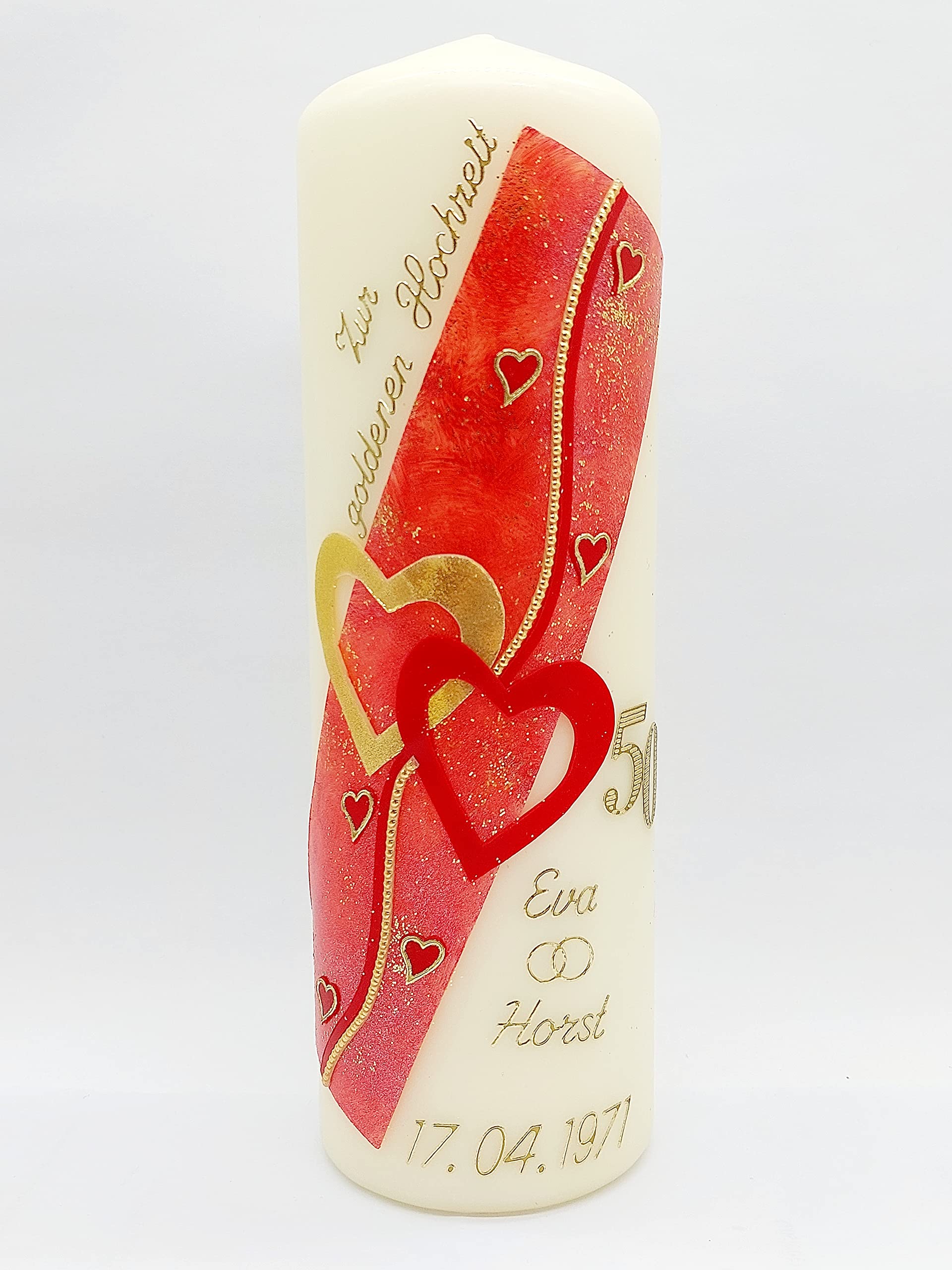 Kerze goldene Hochzeit mit Namen & Datum GH-28w in verschiedenen Farben HANDARBEIT Geschenkverpackung/Kerzenständer optional