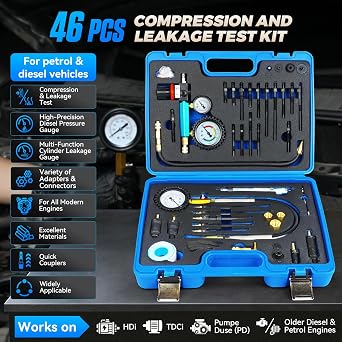 Diesel Compression Tester Kit 47pcs Petrol & Diesel Engine Compression Tester Small Engine Cylinder Leak Down Tester with Compression Gauge, Leak Detector, Gloves, for HDI/TDCi/Pumpe Duse Engine
