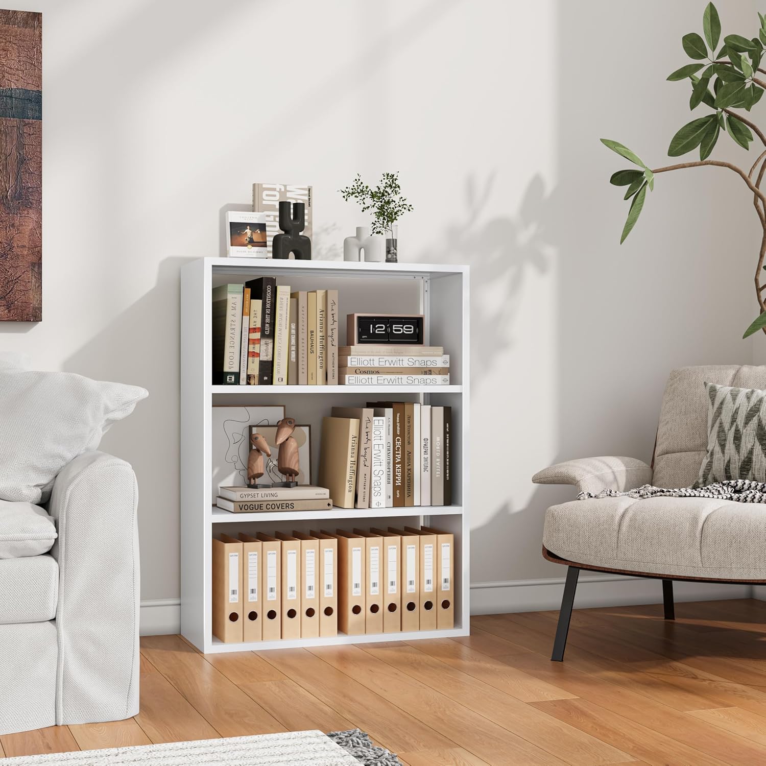 3-Tier Metal Bookshelf, Open Shelf Storage, Includes 4 Corner Bumpers, Space-Saving Vertical Storage for Living Room, Home Office, 35.43" Hx27.56 Wx11.81 D, White